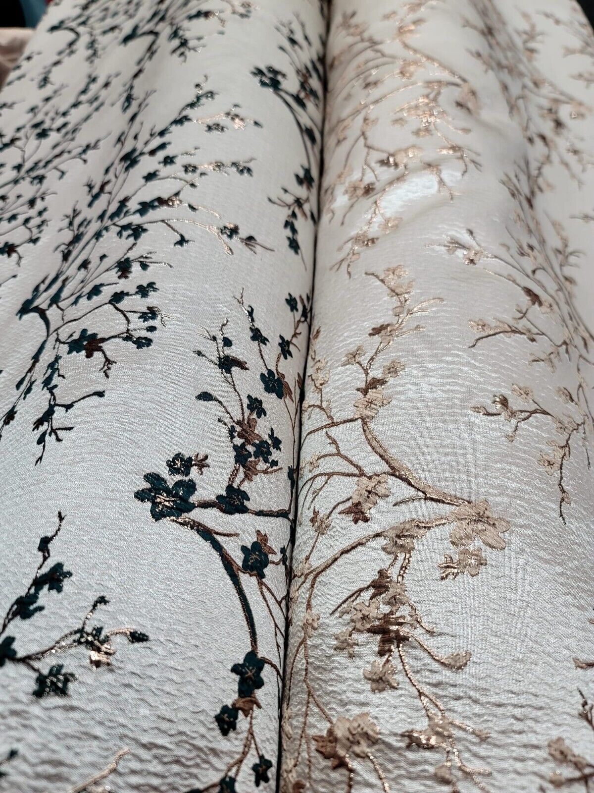 HUNTER GREEN Floral Brocade Fabric Sold By The Yard Beige Textured