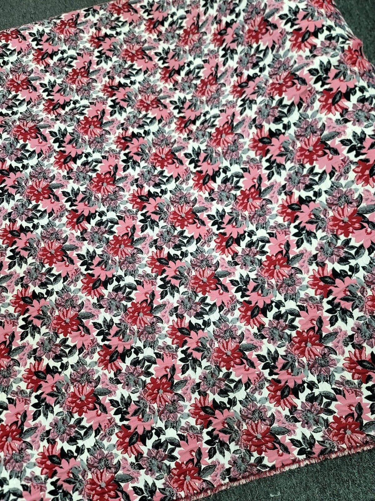 Pink Red Floral Chenille Upholstery Brocade Fabric - 56" Width - Sold by the Yard - Gray Leaves