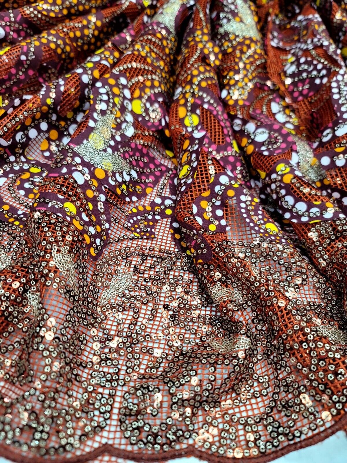 Maroon Sequins Embroidery Fish Net African Lace Fabric 50” W Sold By The Yard