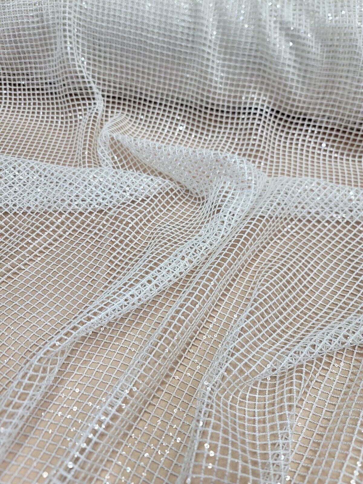 Off White Fishnet Sequins Fabric By The Yard - Elegant Embroidered Wedding Fabric