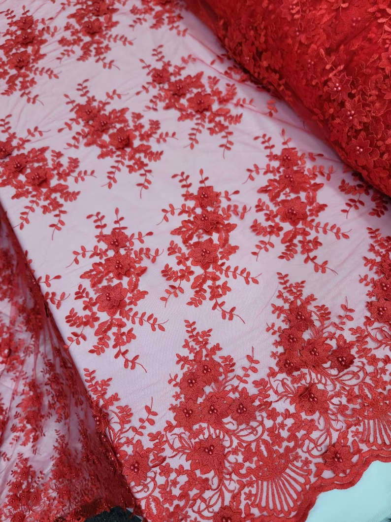 Red 3D Flower Lace Embroidery Lace Fabric - Sold by the Yard
