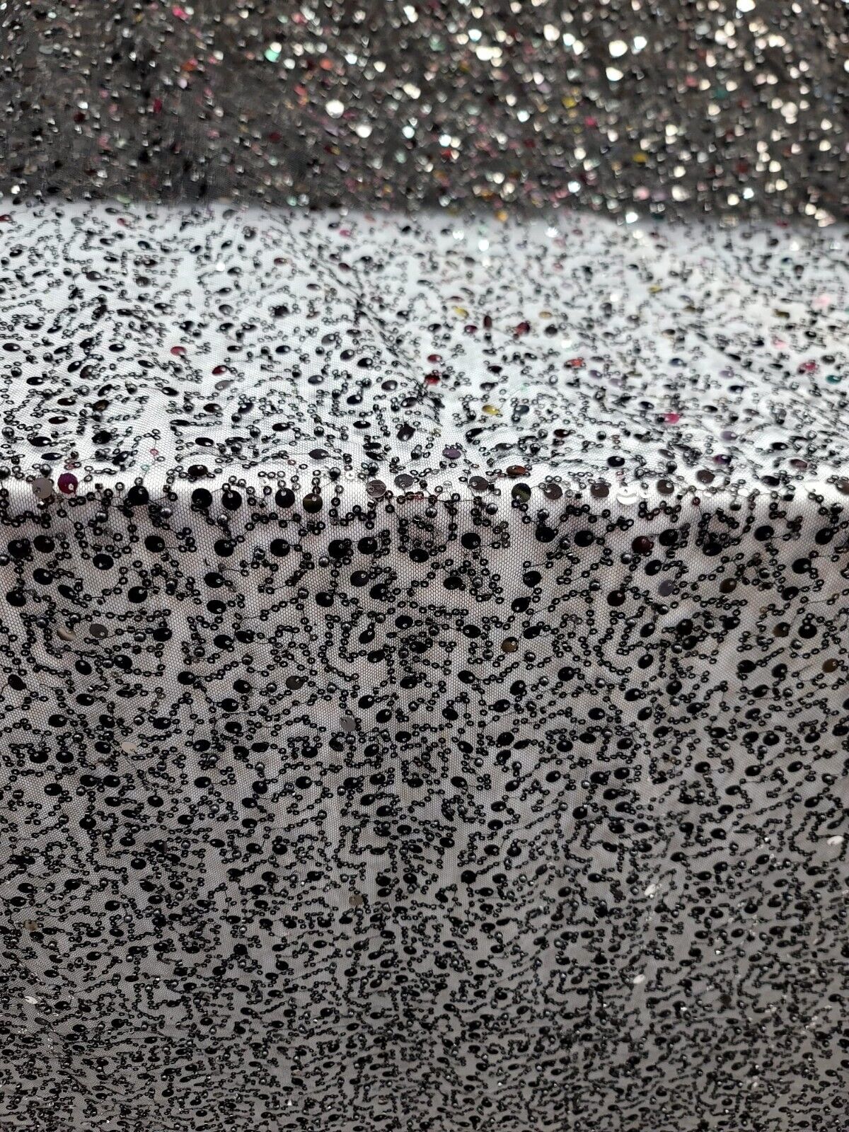 Black Beaded Lace Fabric By The Yard - Embroidery Sequin On Stretch Mesh - Wedding