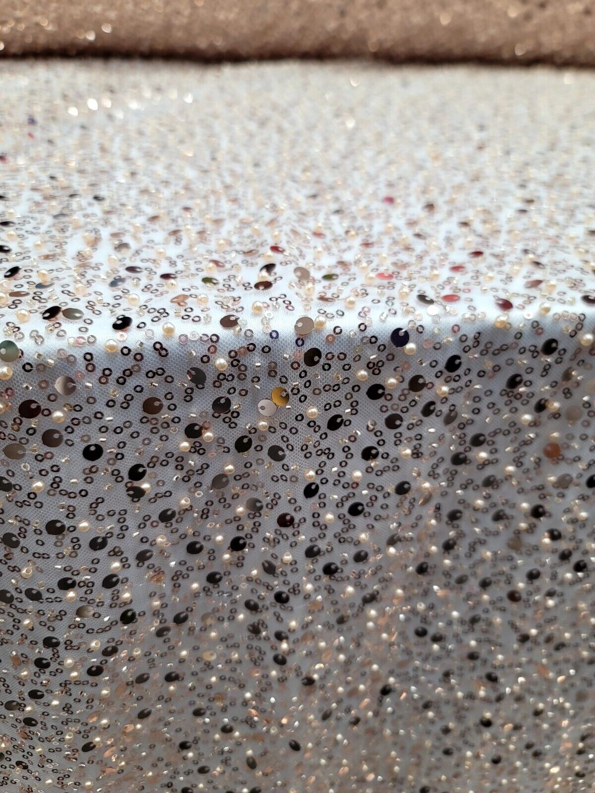 Rose Gold Sequins Beaded Embroidered Stretch Lace Fabric By The Yard - Perfect for Prom Dresses