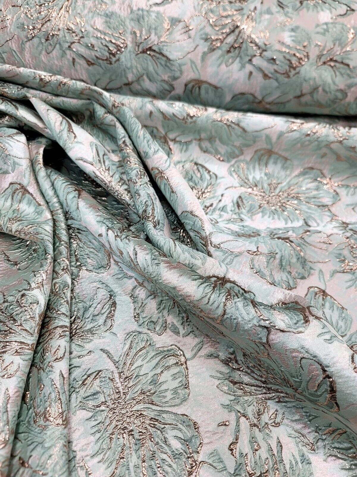MINT GREEN ROSE GOLD Floral Brocade Fabric - Sold by the Yard