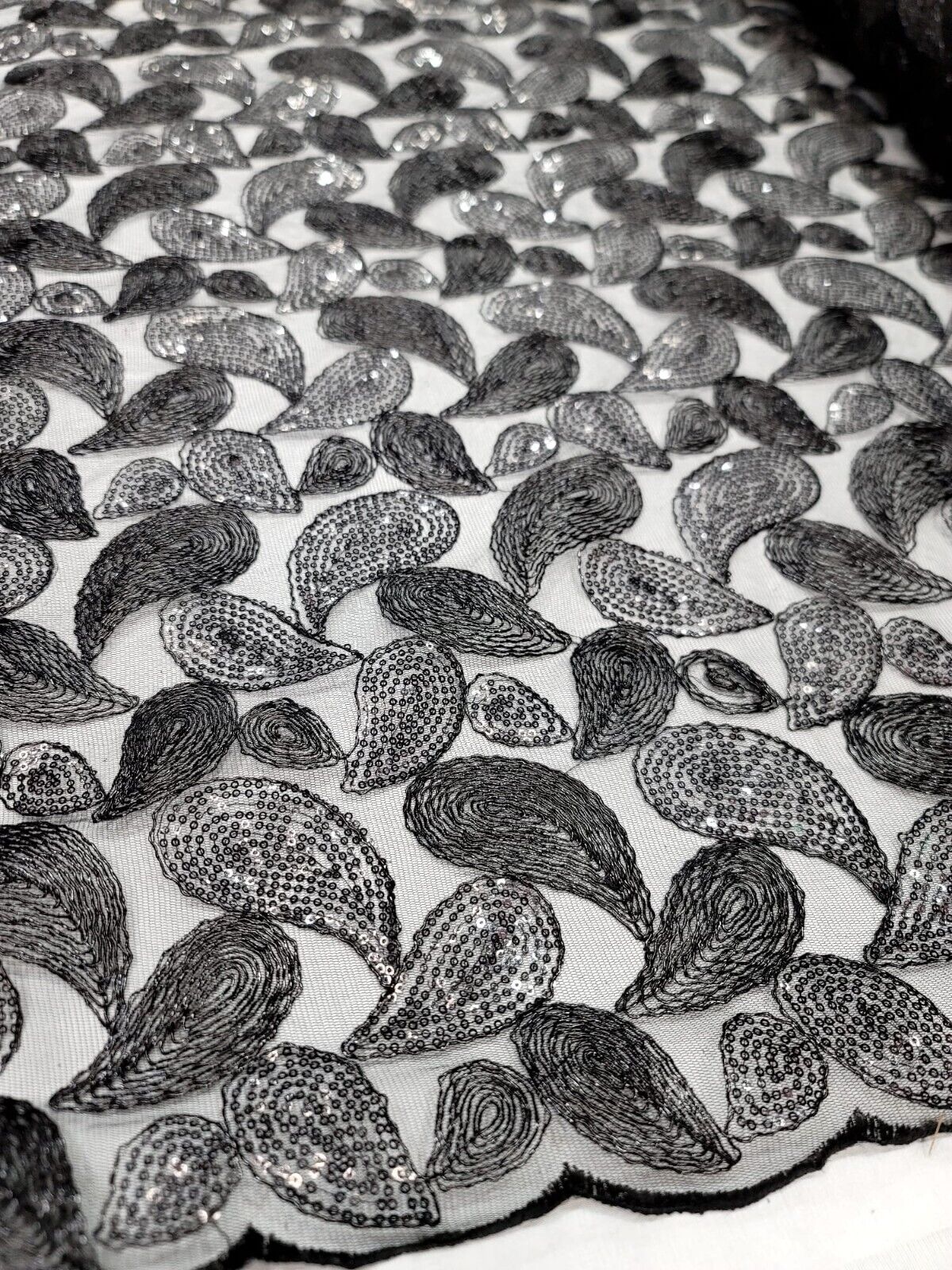 Embroidered Lace Apparel Fabric By The Yard - Sheer Paisley Black Sequins