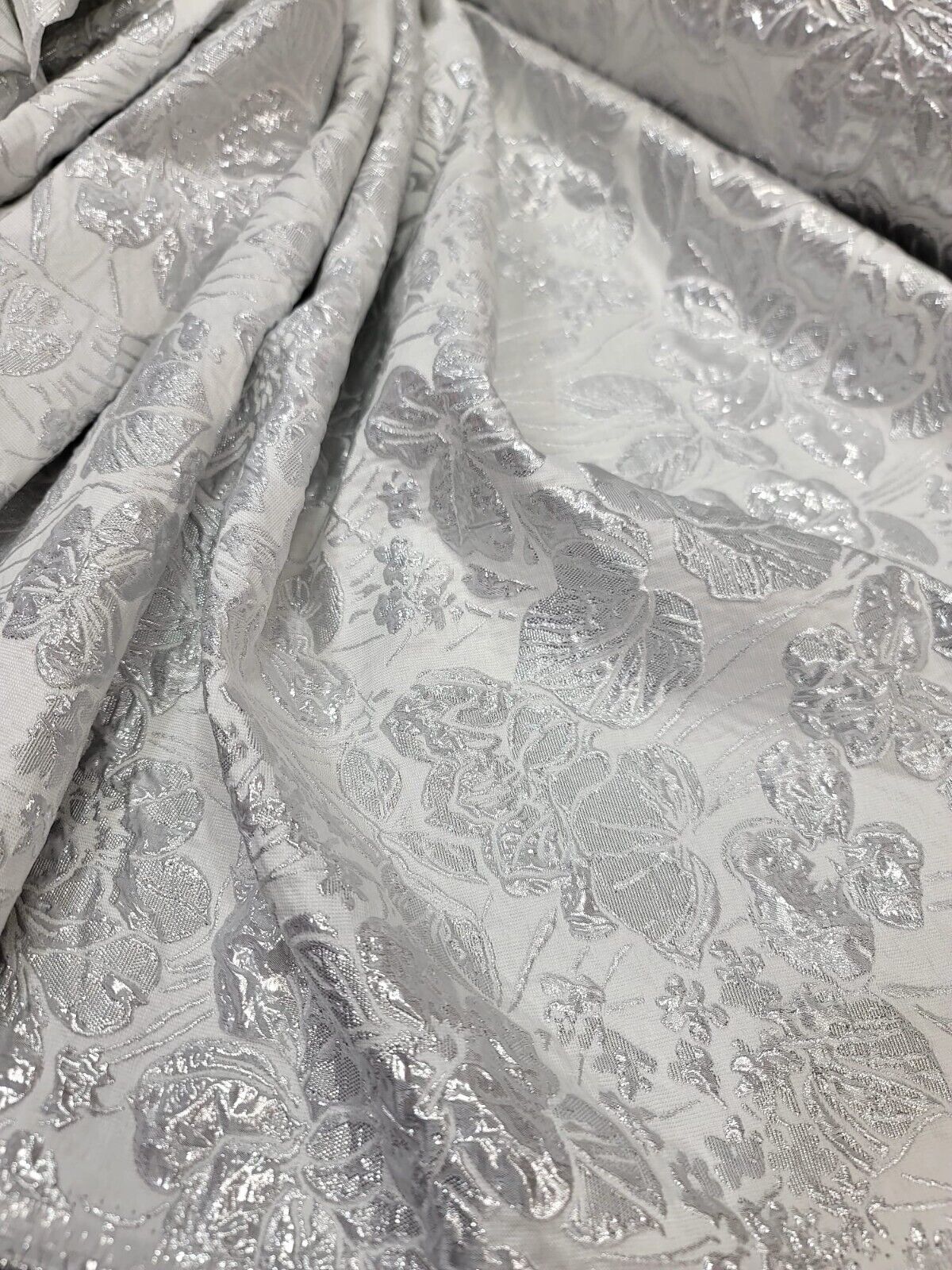 WHITE SILVER Floral Brocade Fabric 60" Sold By The Yard Embossed Flowers Bridal