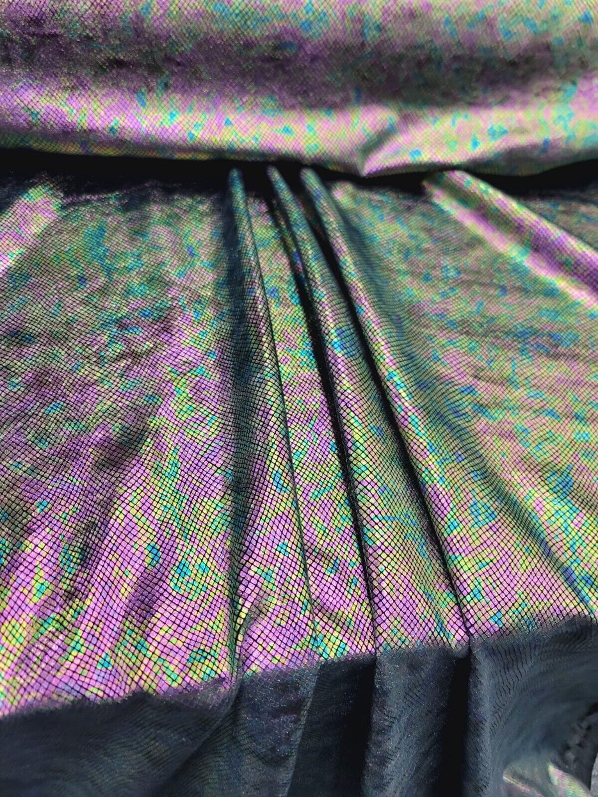 Exotic Design Iridescent Black Green Purple Print On Stretch Velvet Foil Fabric - Sold By the Yard