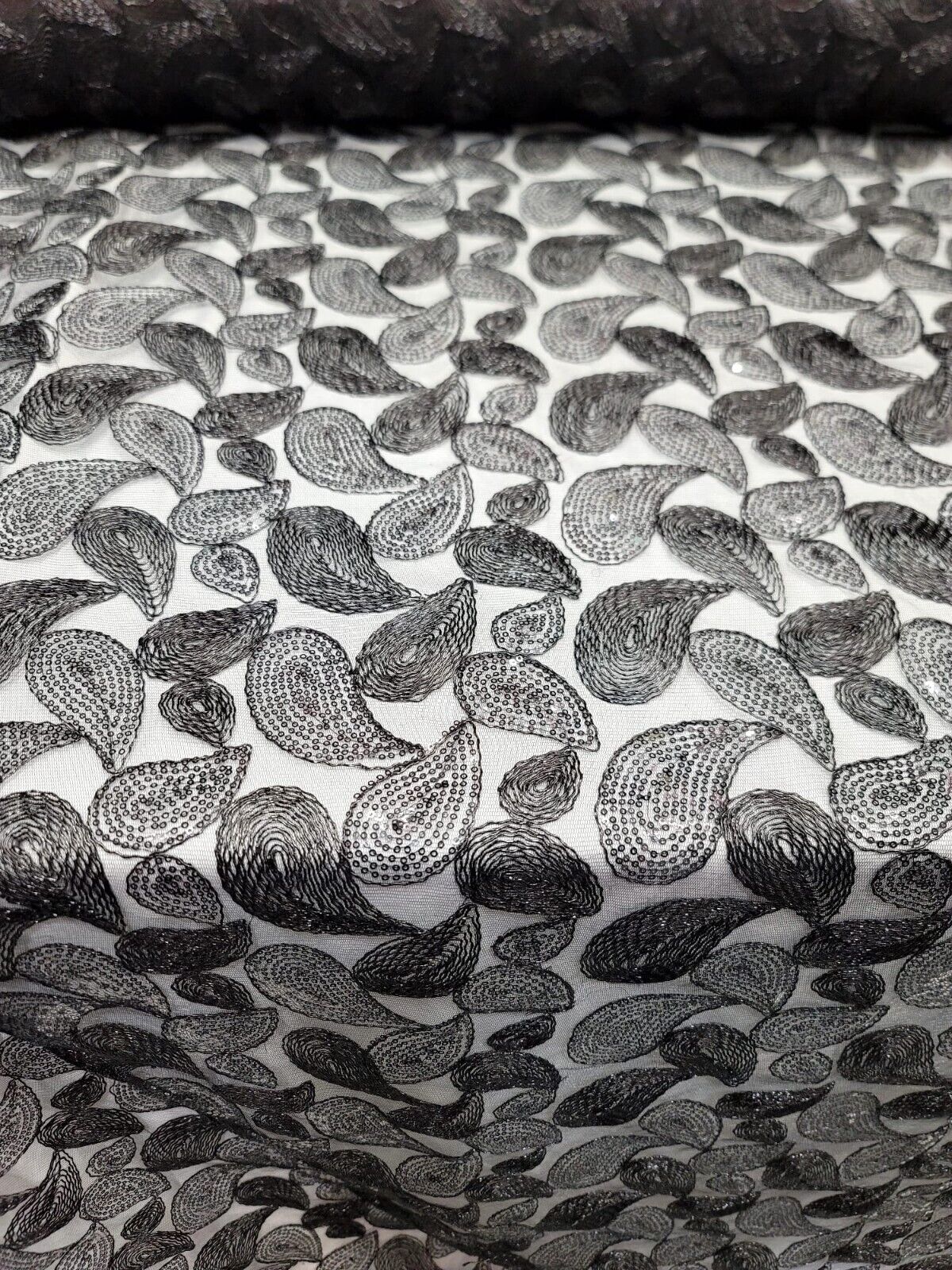 Embroidered Lace Apparel Fabric By The Yard - Sheer Paisley Black Sequins