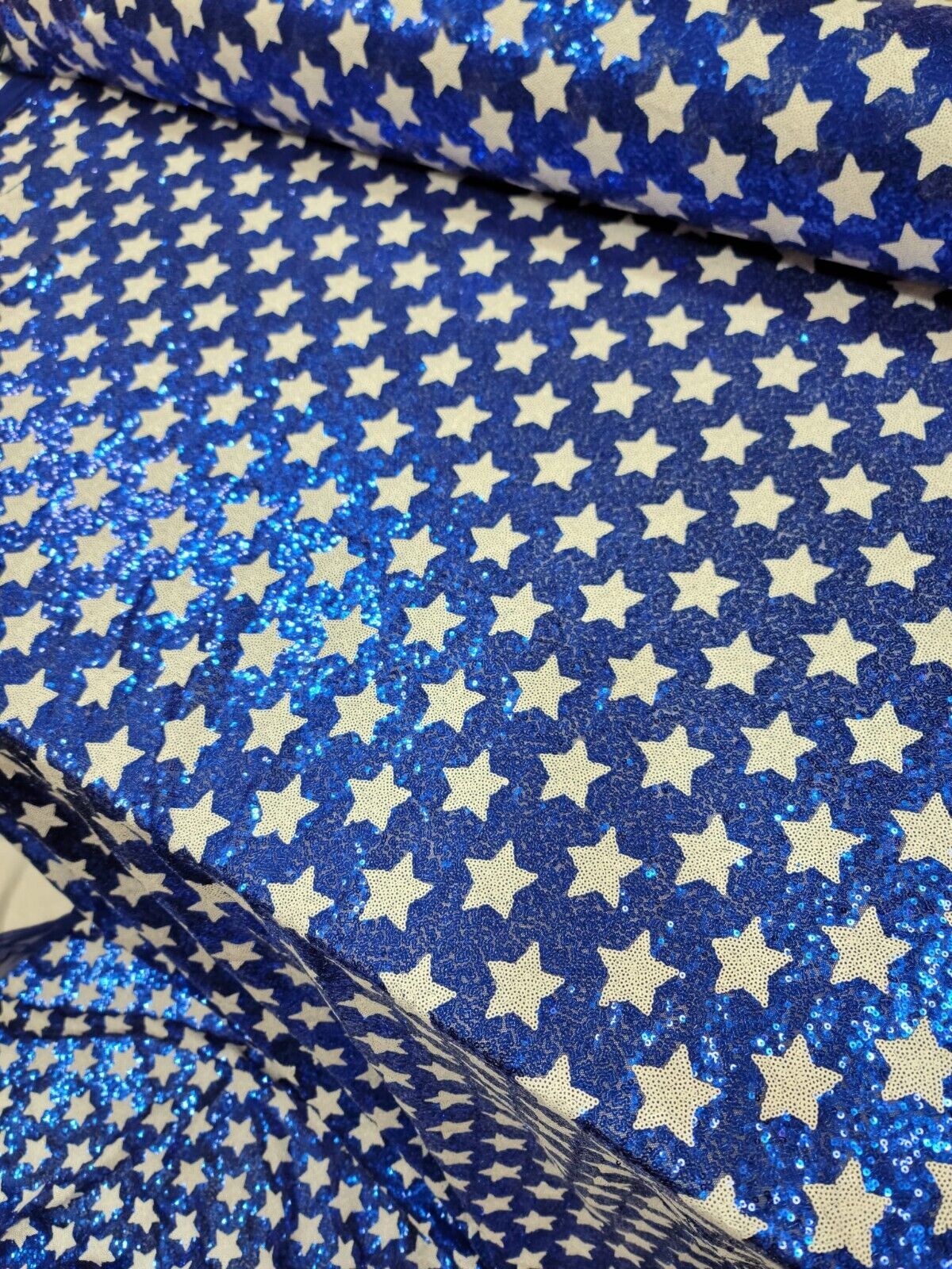 White Stars Sequin Royal Blue Background Fabric By The Yard Four W Stretch Mesh