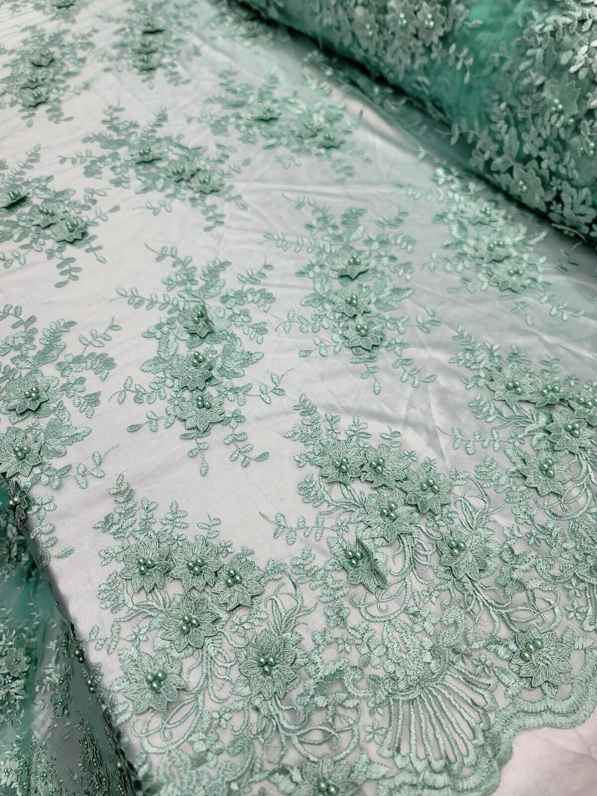 Sage green 3d Floral Embroidery Pearls Mesh Lace Scalloped Fabric By yard 54" w