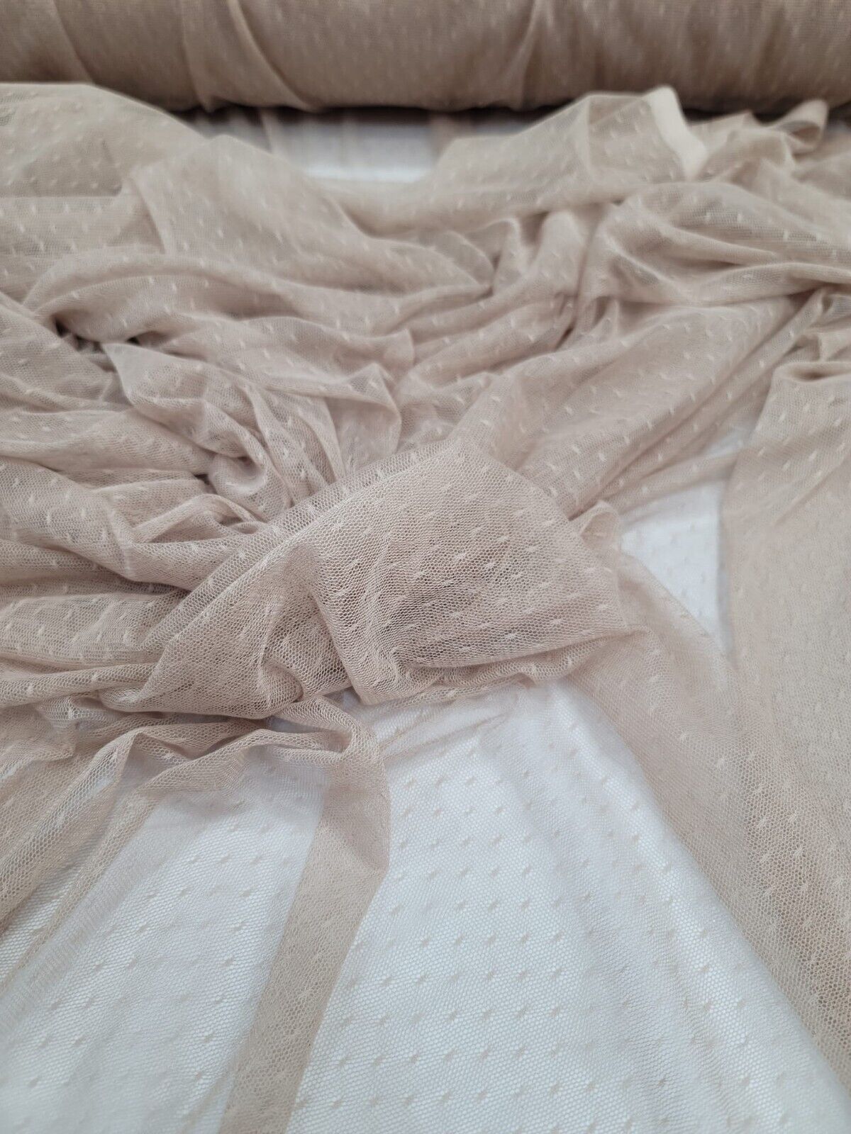 Beige Champagne Embroidered Polka Dots Mesh Prom Fabric - Sold by the Yard for Gown Quinceañera