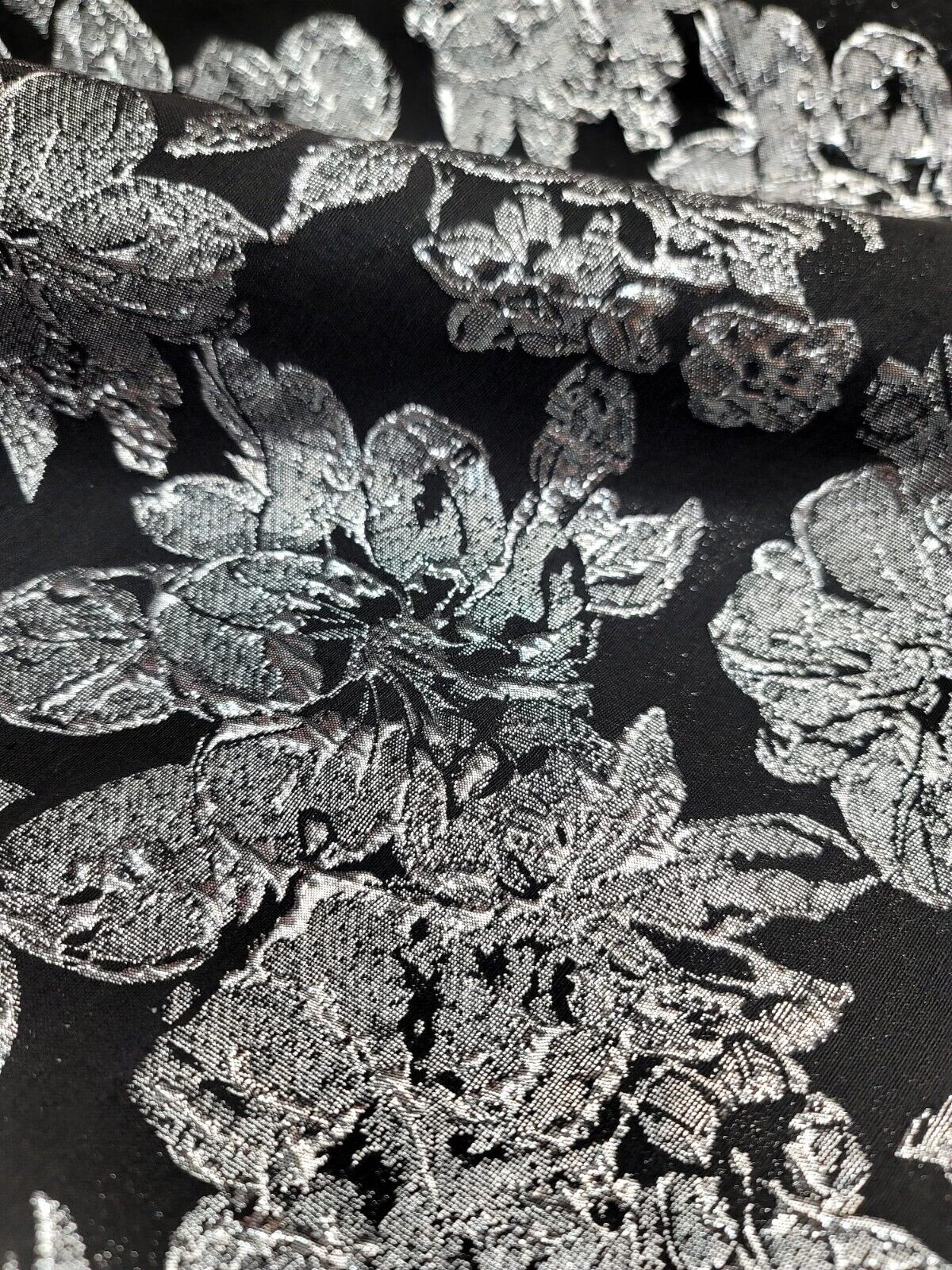 Silver Floral Brocade on Black Background Fabric by the Yard - Stunning Metallic Elegance