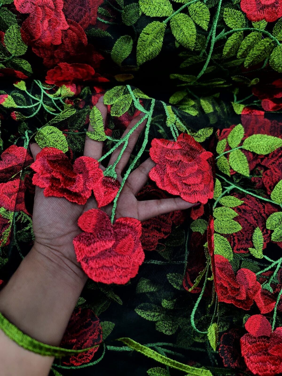 Black Lace Fabric with Red and Green Flower Embroidery - Stunning Floral Design on Elegant Black Mesh - Sold by the Yard