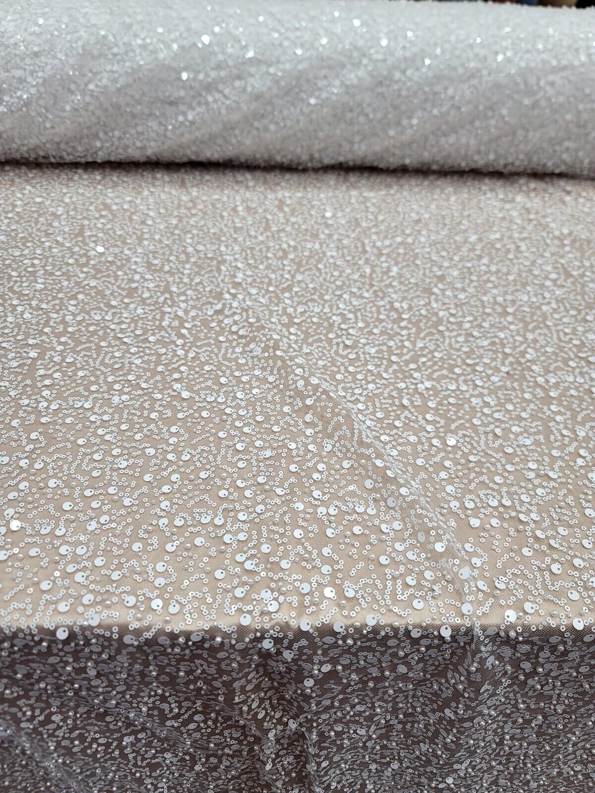 White Beaded Lace Fabric By The Yard - Embroidery Sequin On Stretch Mesh - Wedding