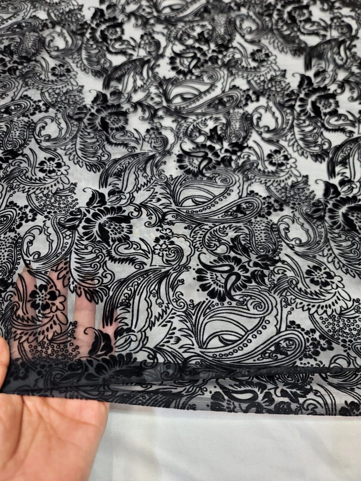 Black Silk Velvet Paisley Fabric Sold By The Yard 45" W Burn Out Velvet Fabric