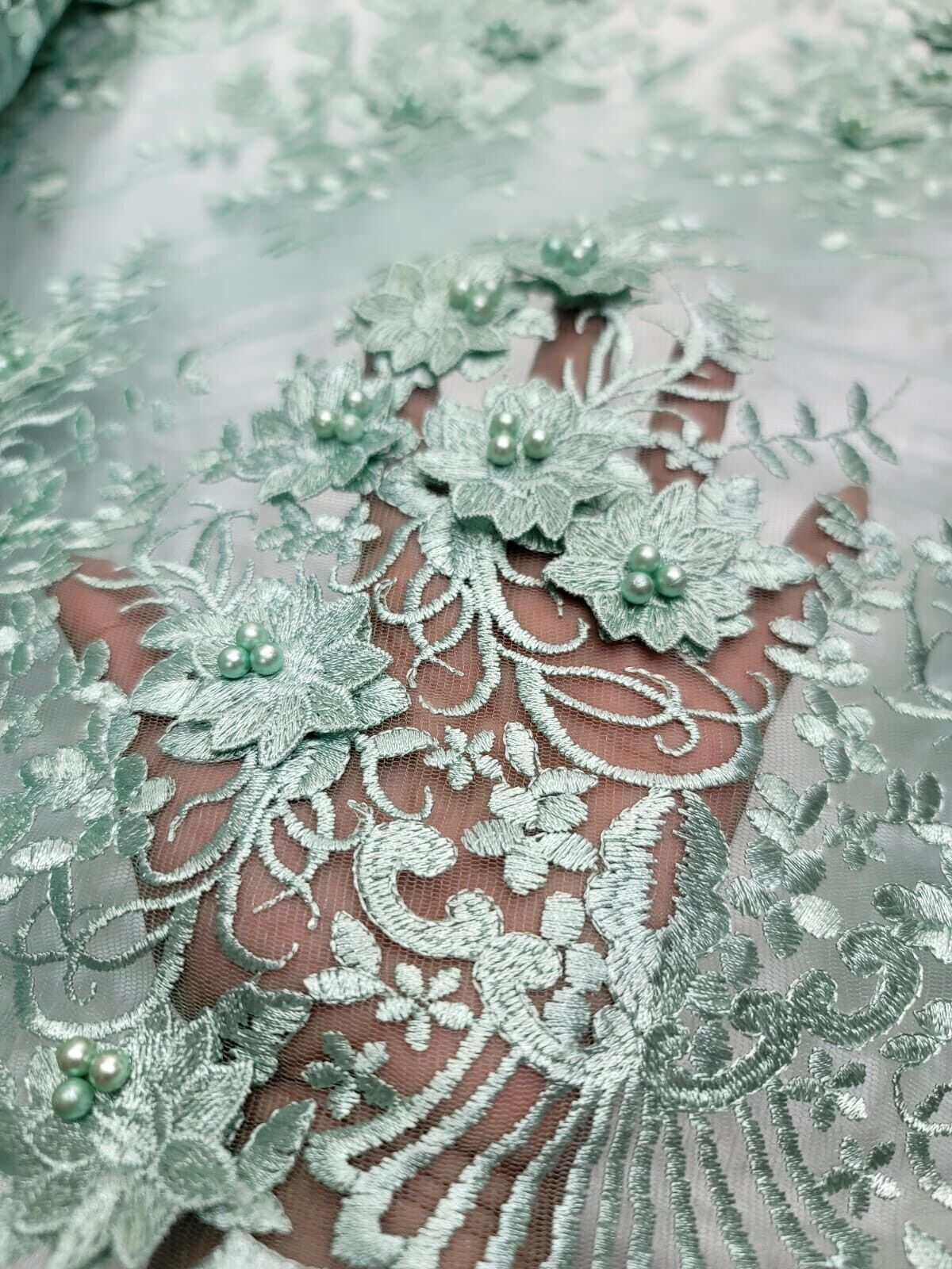 Sage green 3d Floral Embroidery Pearls Mesh Lace Scalloped Fabric By yard 54" w