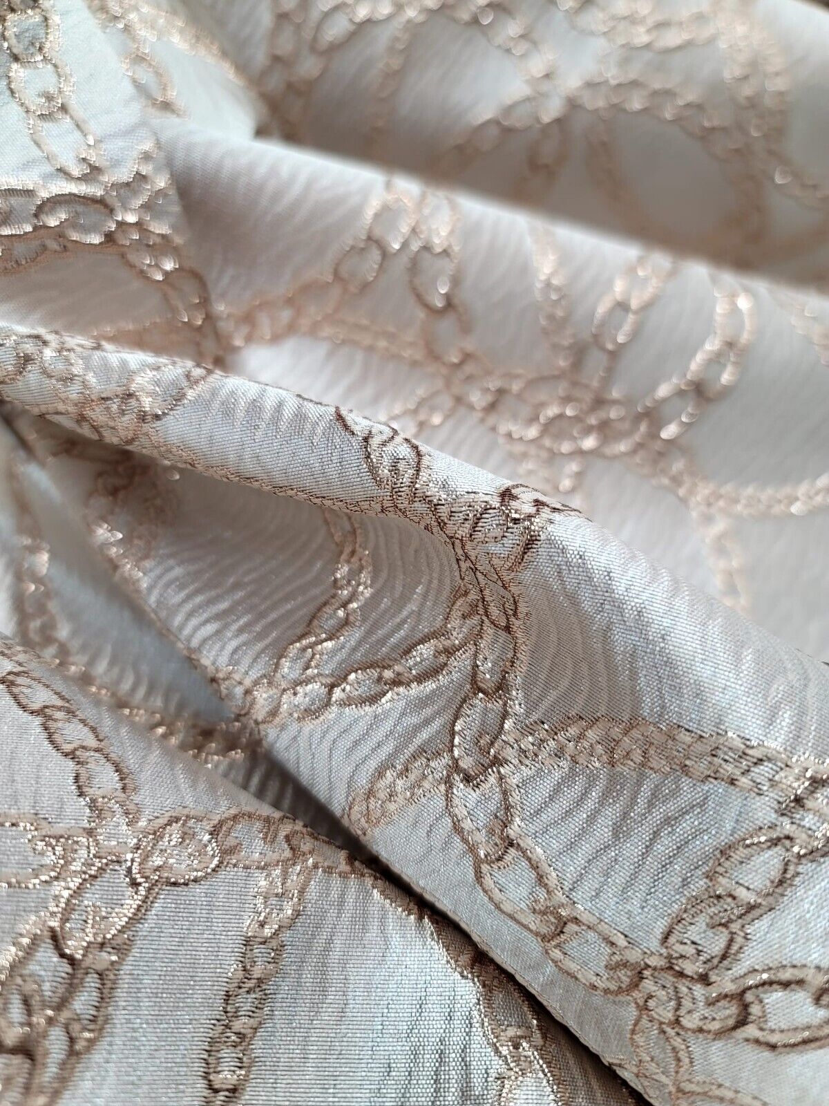 Beige and Hunter Green and Gold Brocade Fabric with Gold Metallic Chain Geometric Pattern - Sold by Yard - Perfect for Fashion, Home Decor, and Elegant Creations