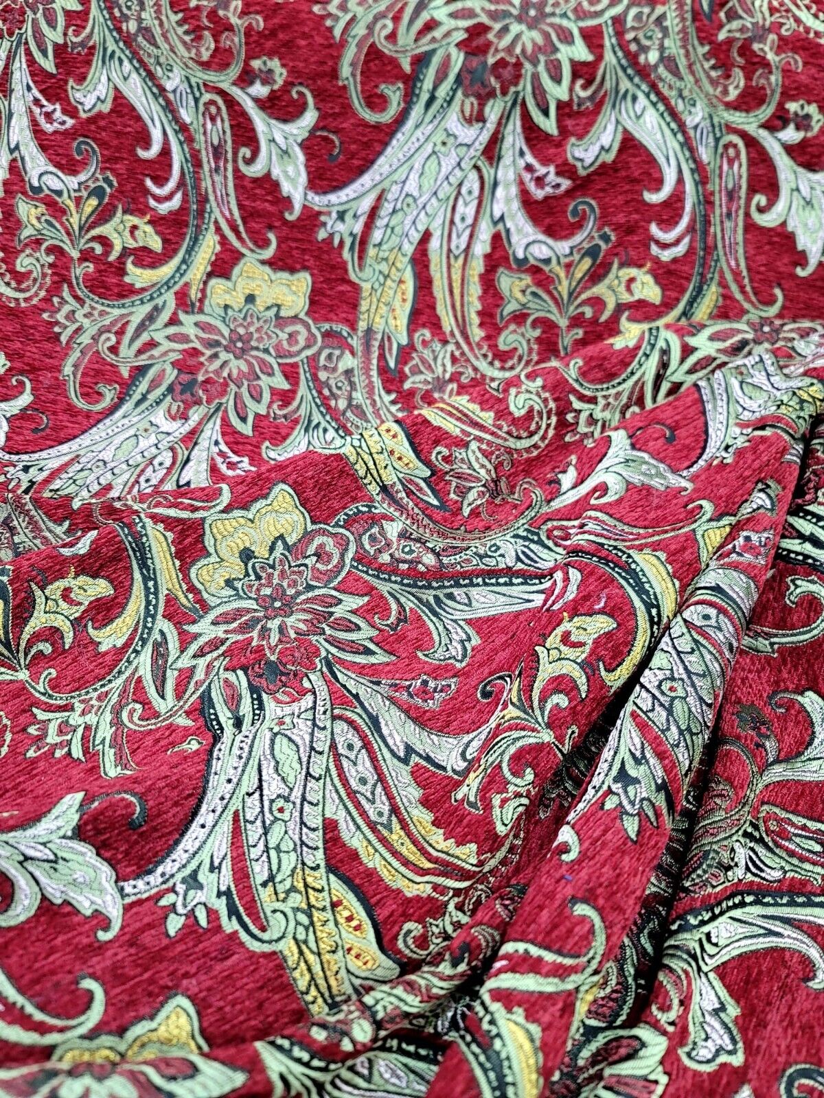 Red Gold Floral Damask Brocade Fabric - 60” Width - Sold By The Yard - Chenille