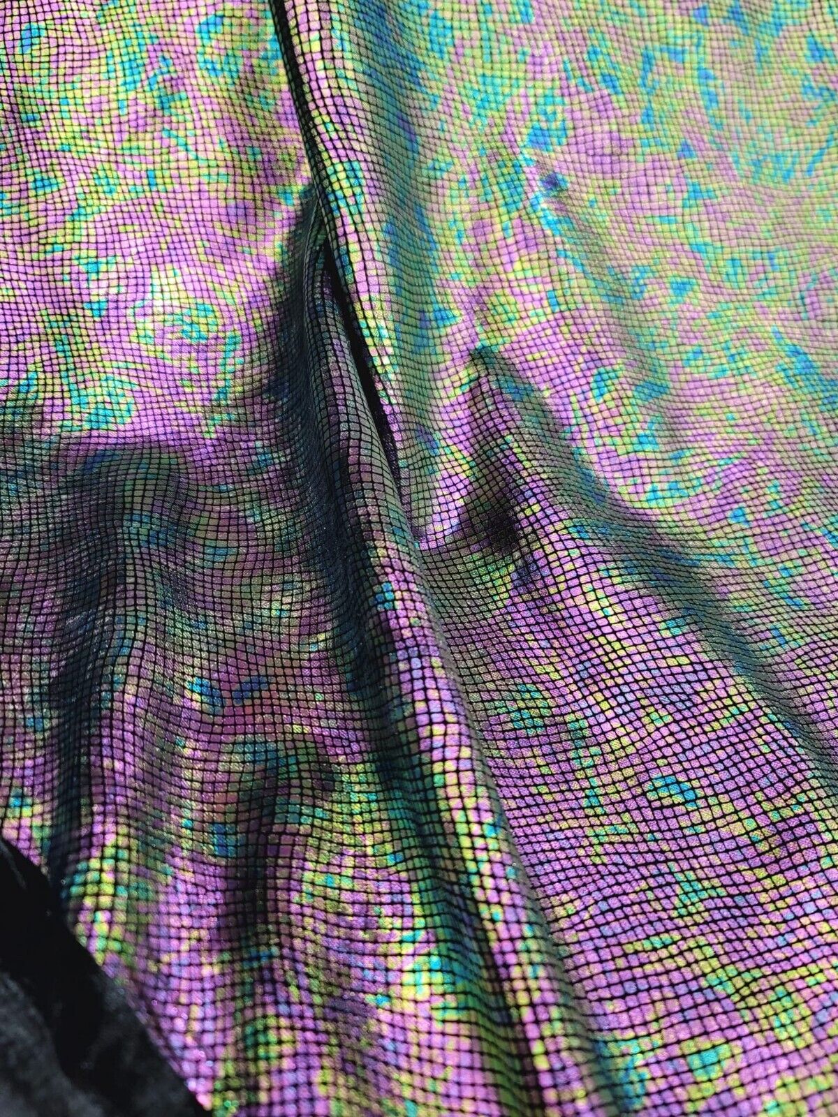 Exotic Design Iridescent Black Green Purple Print On Stretch Velvet Foil Fabric - Sold By the Yard
