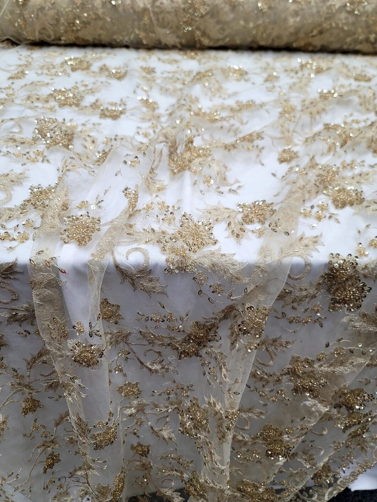Gold Beaded Sequins Embroidery Bridal Lace Fabric Sold By The Yard Floral Lace
