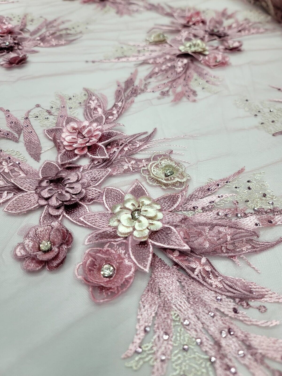 DUSTY ROSE 3D Mauve Flowers Rhinestones Embroidery Lace Fabric - Sold By The Yard