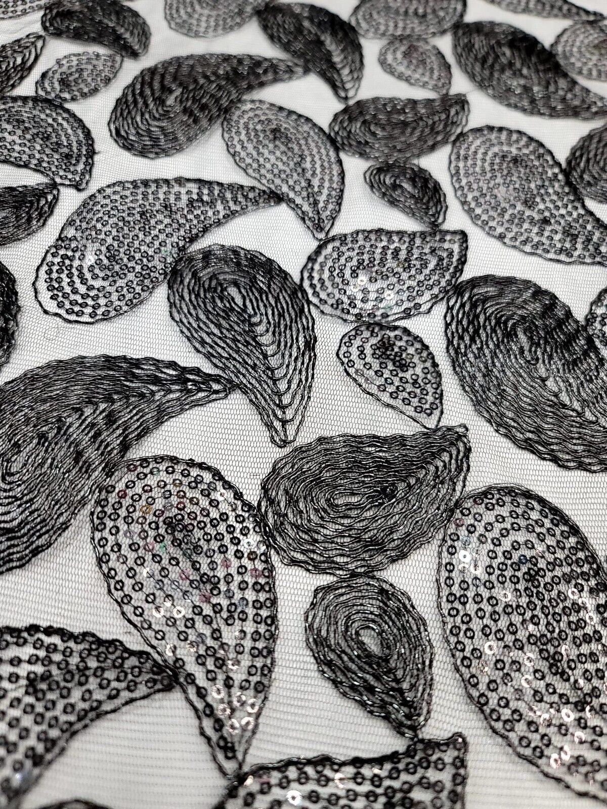 Embroidered Lace Apparel Fabric By The Yard - Sheer Paisley Black Sequins