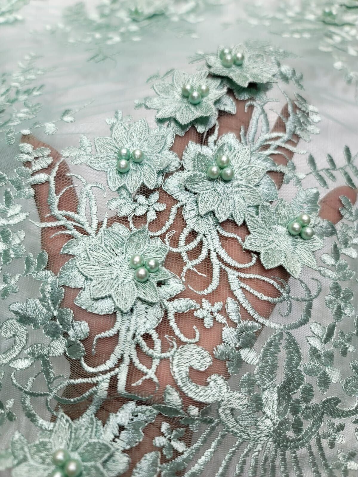Sage green 3d Floral Embroidery Pearls Mesh Lace Scalloped Fabric By yard 54" w
