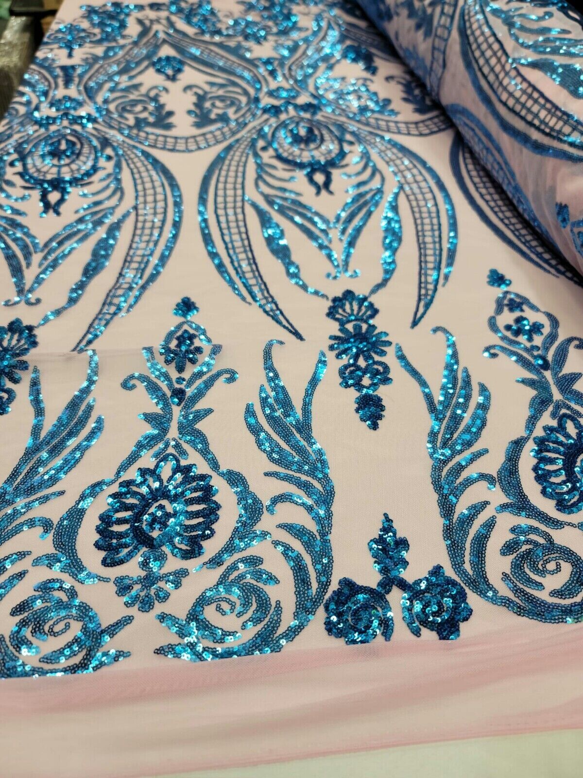 Royal Blue Sequin Lace Fabric By The Yard with Pink Four Way Stretch Mesh - Perfect for Prom and Bridal Wear