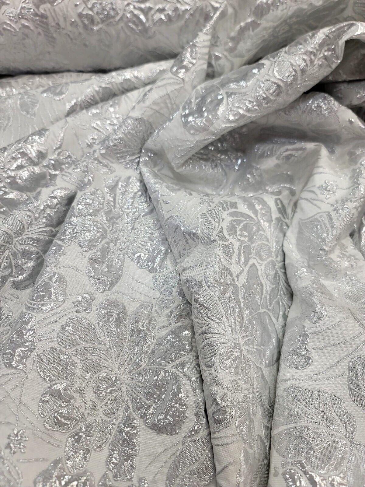 WHITE SILVER Floral Brocade Fabric 60" Sold By The Yard Embossed Flowers Bridal