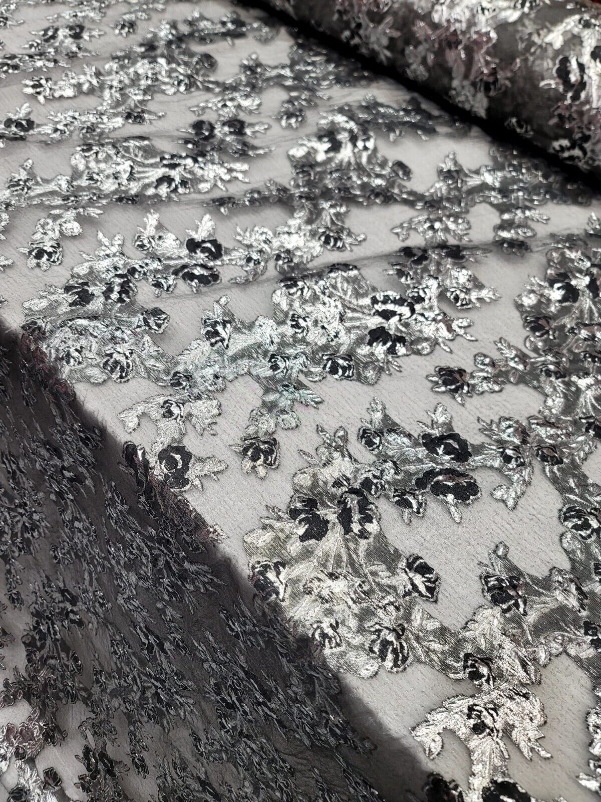 Metallic Silver Floral Brocade Fabric Gray Textured Organza Sold BTY