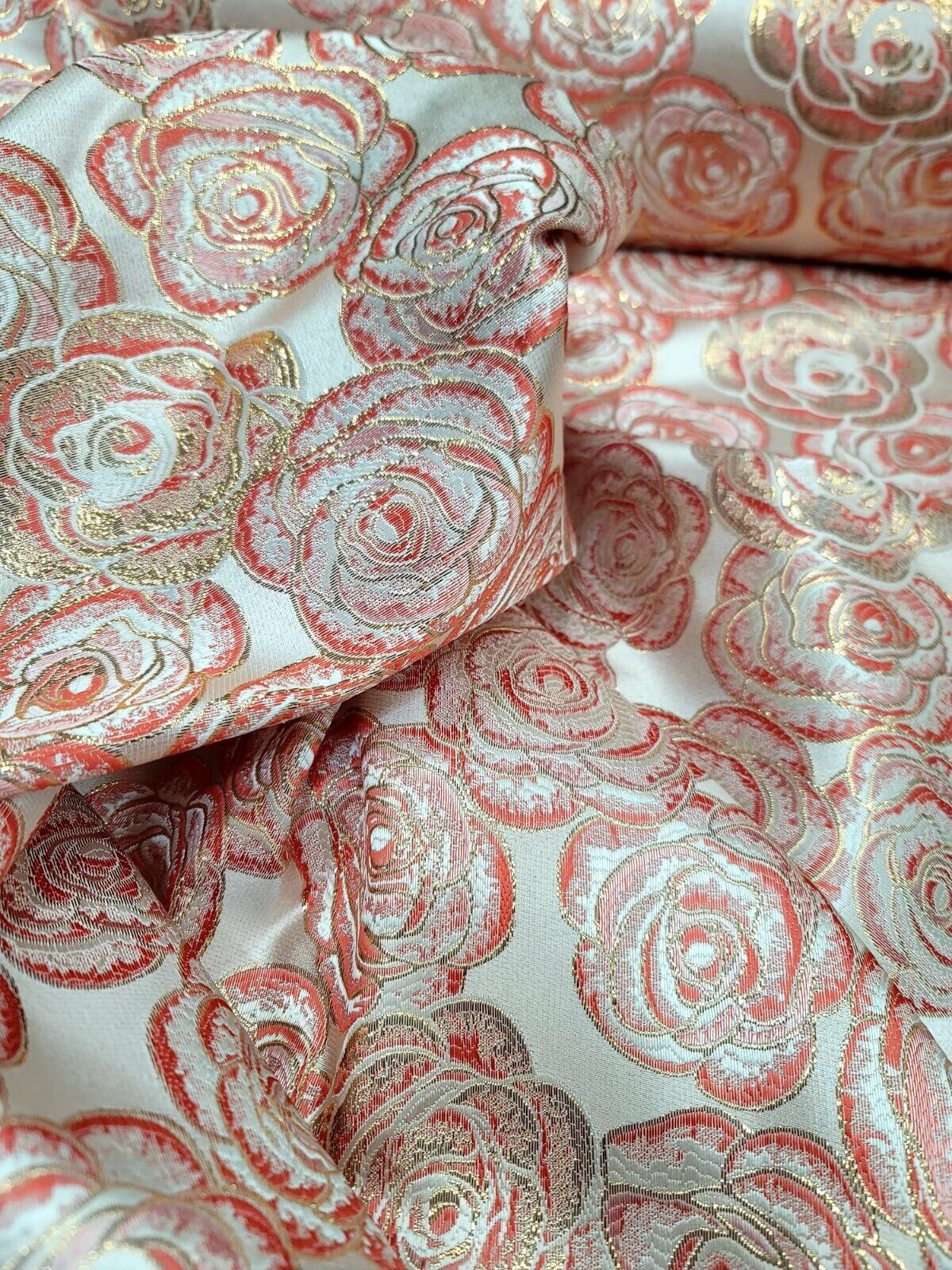 CORAL FLORAL BROCADE FABRIC SOLD BY THE YARD ACCENT GOLD FOR DRESS UPHOLSTERY