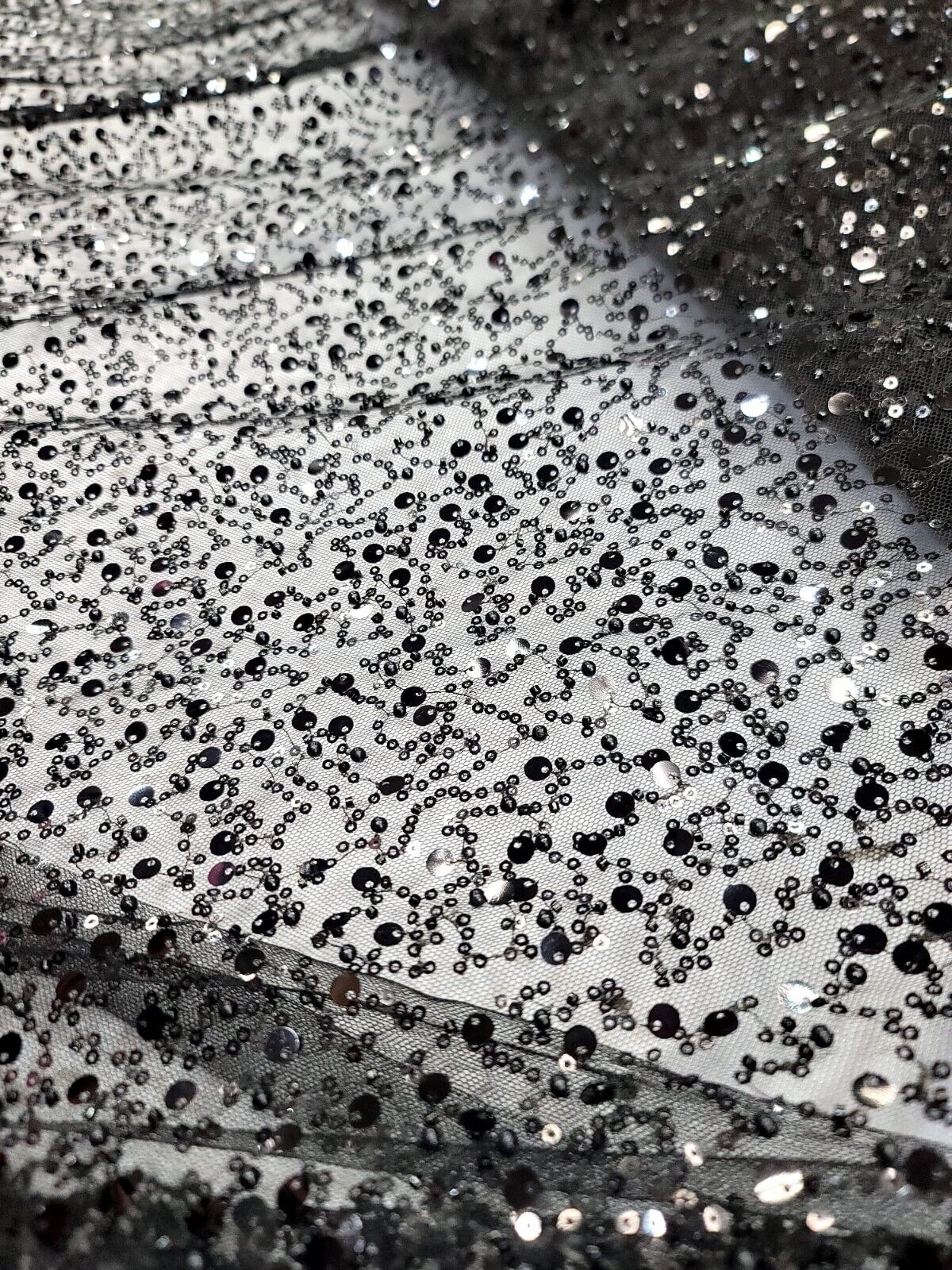 Black Beaded Lace Fabric By The Yard - Embroidery Sequin On Stretch Mesh - Wedding