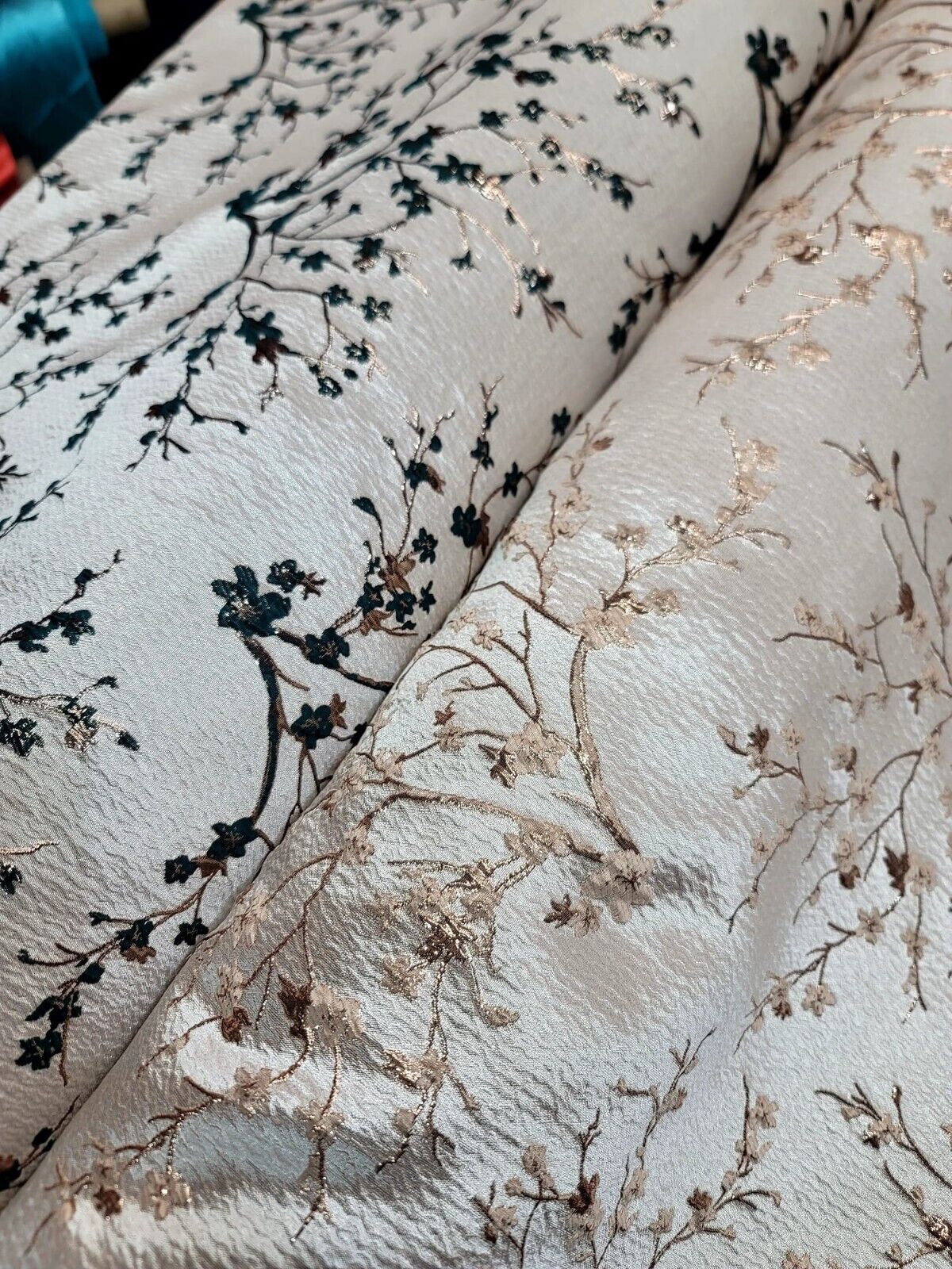 HUNTER GREEN Floral Brocade Fabric Sold By The Yard Beige Textured