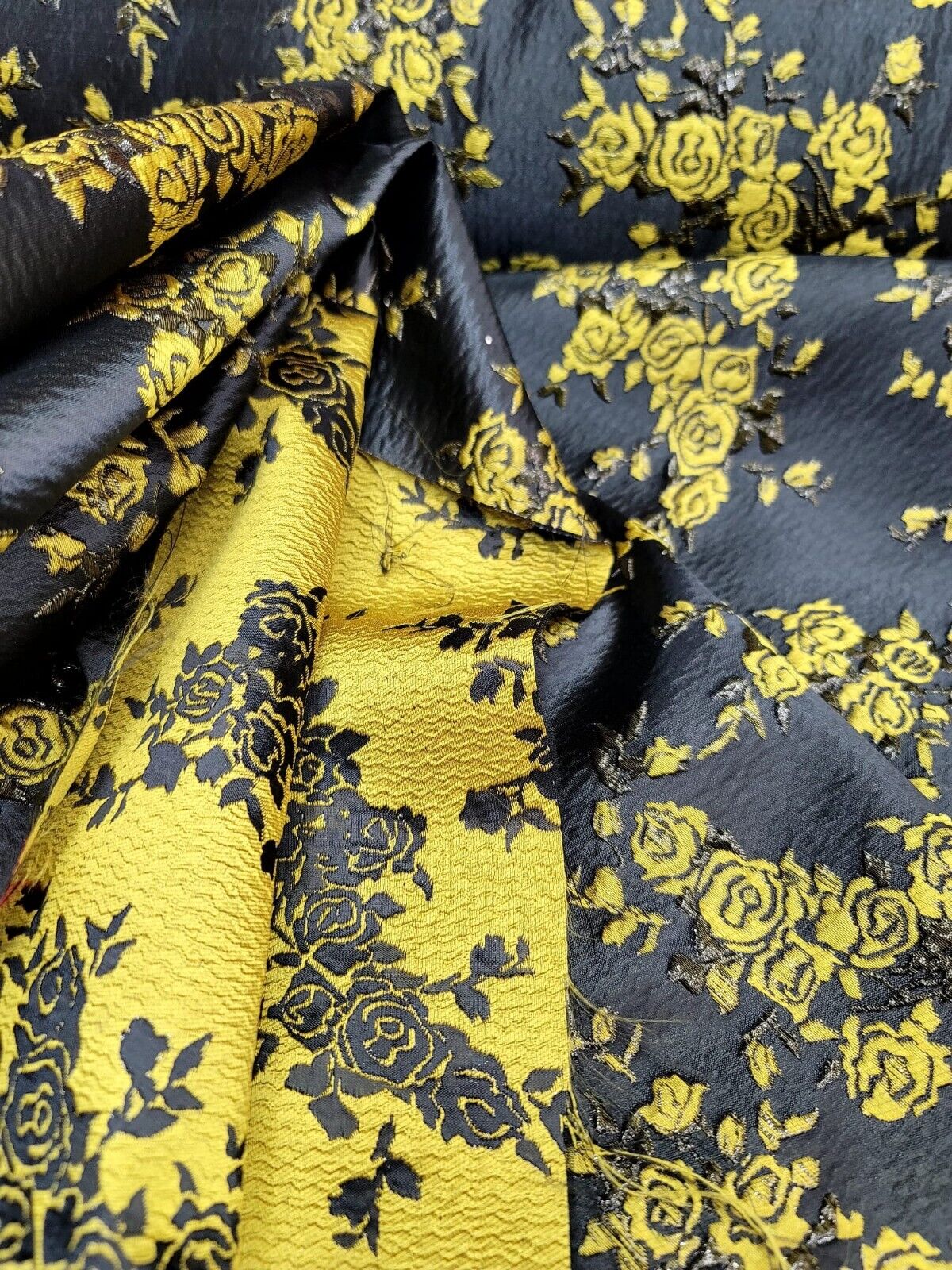YELLOW Floral Black Brocade Fabric - By the Yard