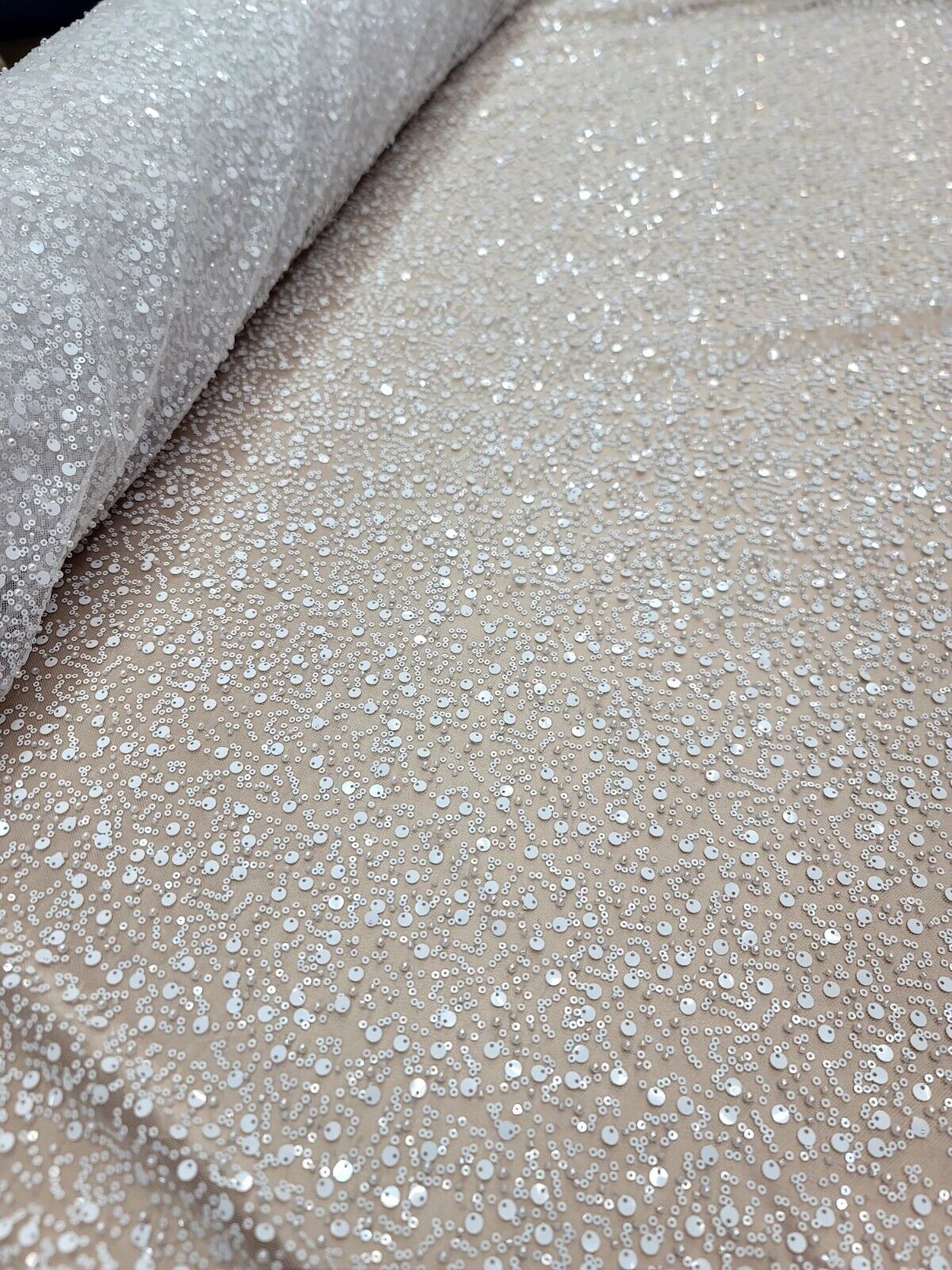 White Beaded Lace Fabric By The Yard - Embroidery Sequin On Stretch Mesh - Wedding