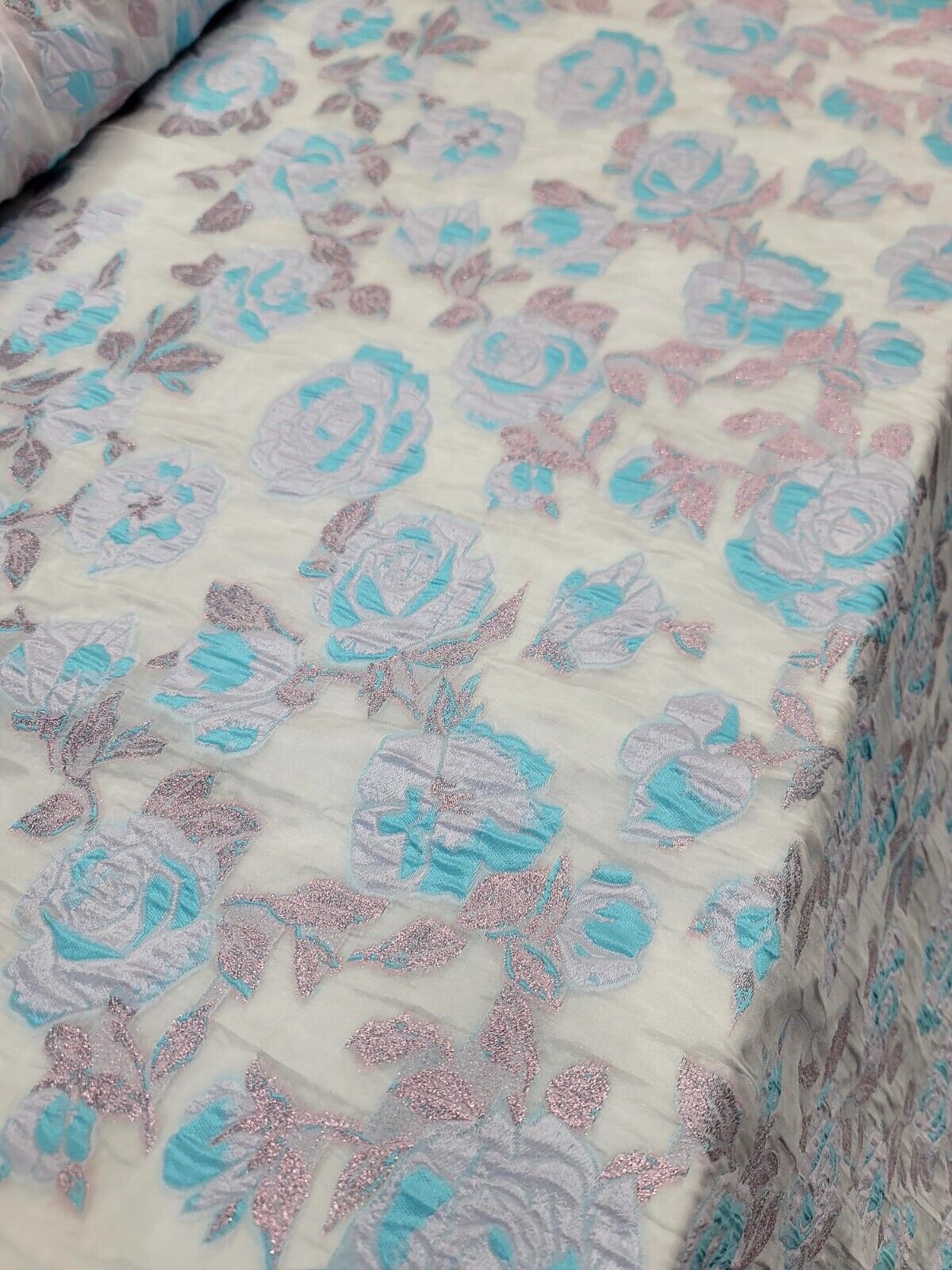 Floral Organza Brocade Fabric by the Yard - Elegant Lavender Blue, or Ivory Gold on White Organza - 60" Width