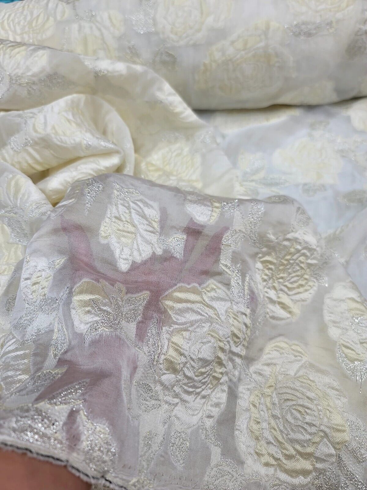 Floral Organza Brocade Fabric by the Yard - Elegant Lavender Blue, or Ivory Gold on White Organza - 60" Width
