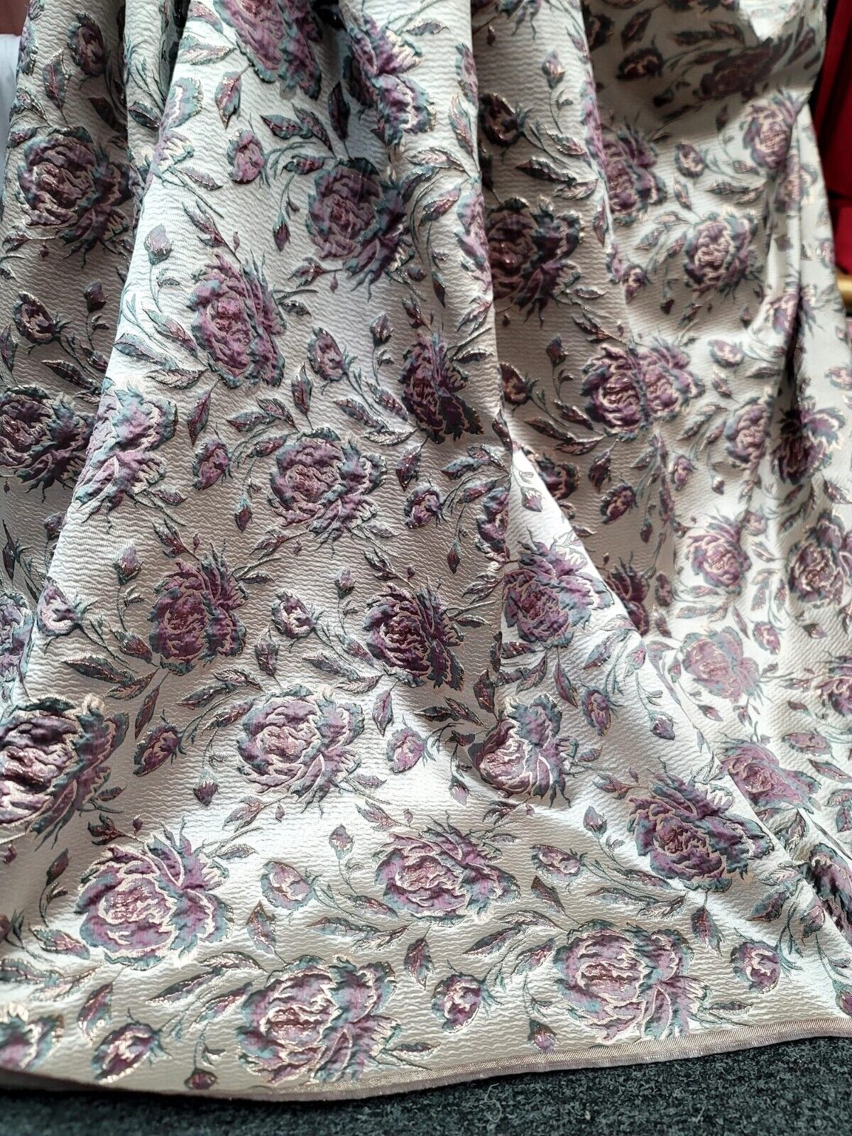 Brocade Mauve Sage Floral Fabric by The Yard Prom Bridal Quinceañera Beige Background.