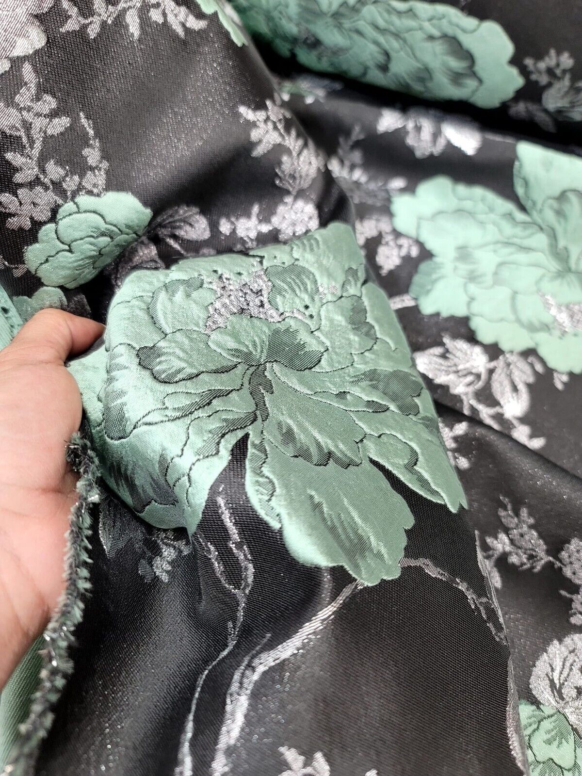 Sage Green Silver Black Damask Jacquard Brocade Floral Fabric - 60" Width