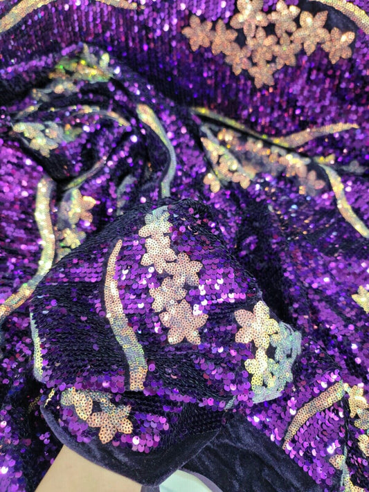Purple Sequin Embroidery On Stretch Velvet Fabric By The Yard Iridescent Flowers