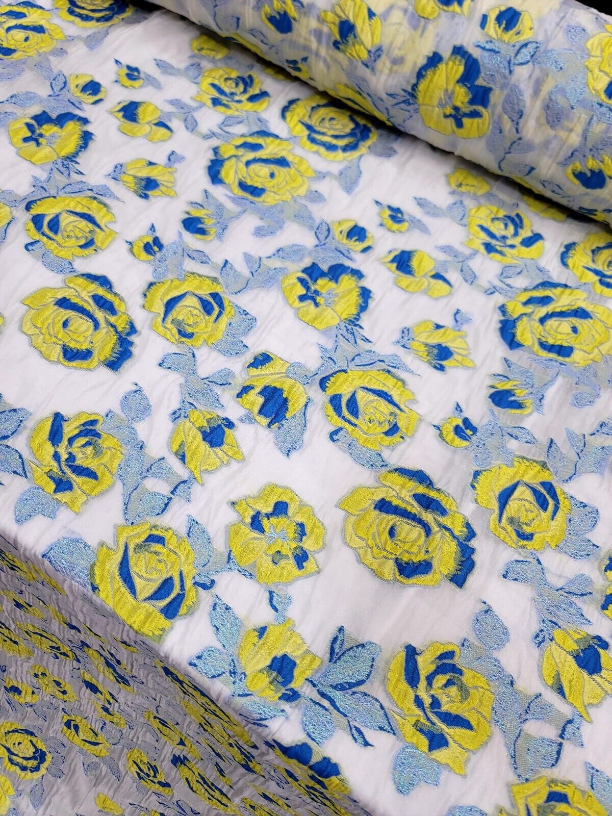 Yellow and Royal Blue Floral Organza Brocade Jacquard Fabric - Sold by Yard - Perfect for Fashion, Dressmaking, and New Creations