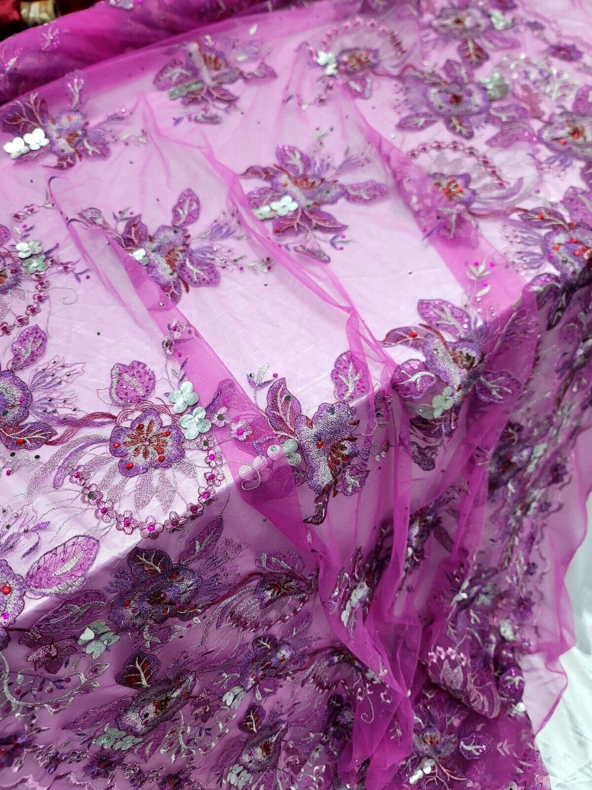 Purple Lace Fabric by the Yard - Floral 3D Silver Flower Embroidered with Glued Rhinestones