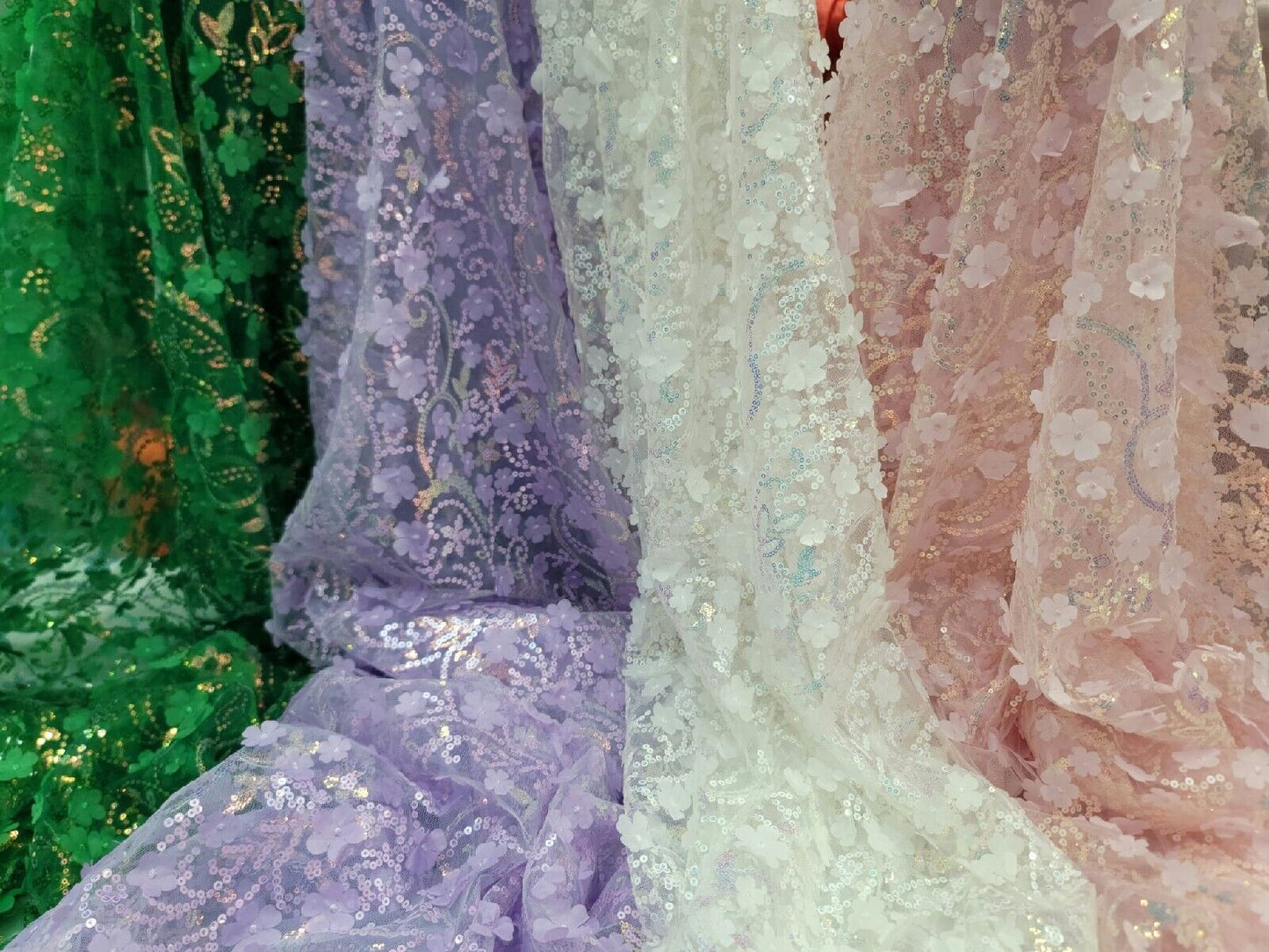 Emerald Green 3D Floral Flowers Sequins Iridescent Fabric - Sold by the Yard