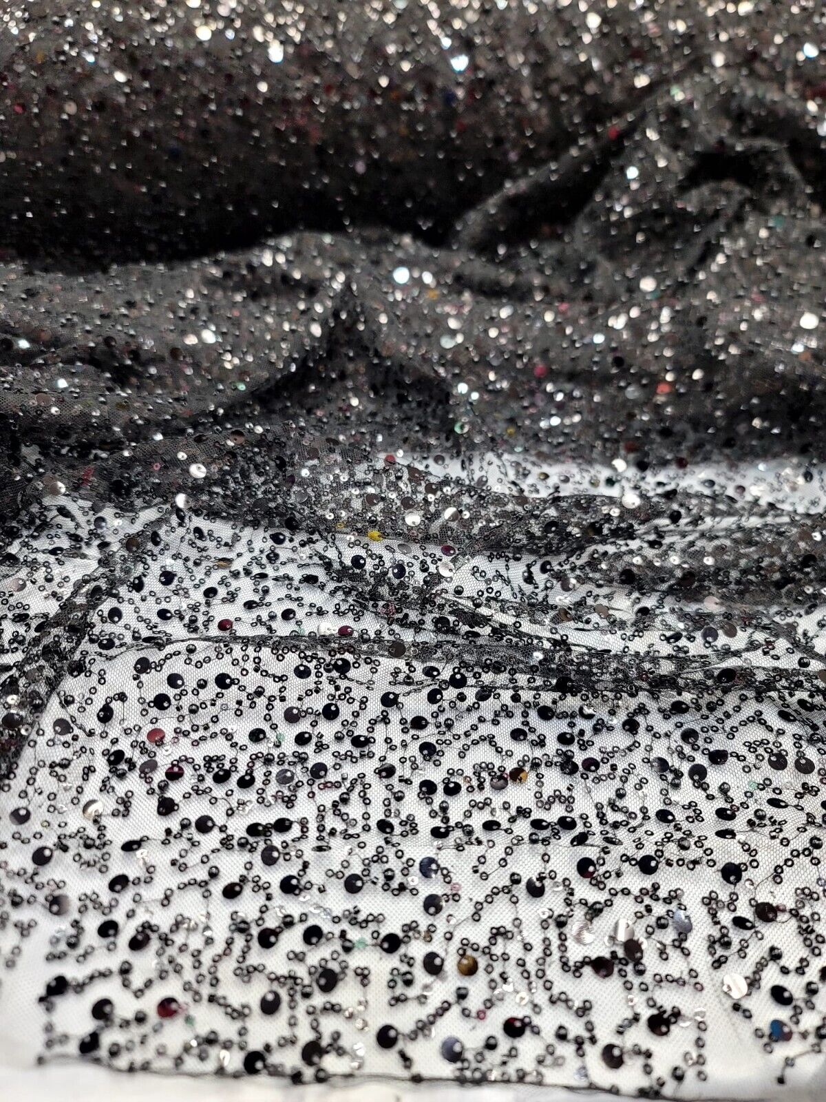 Black Beaded Lace Fabric By The Yard - Embroidery Sequin On Stretch Mesh - Wedding