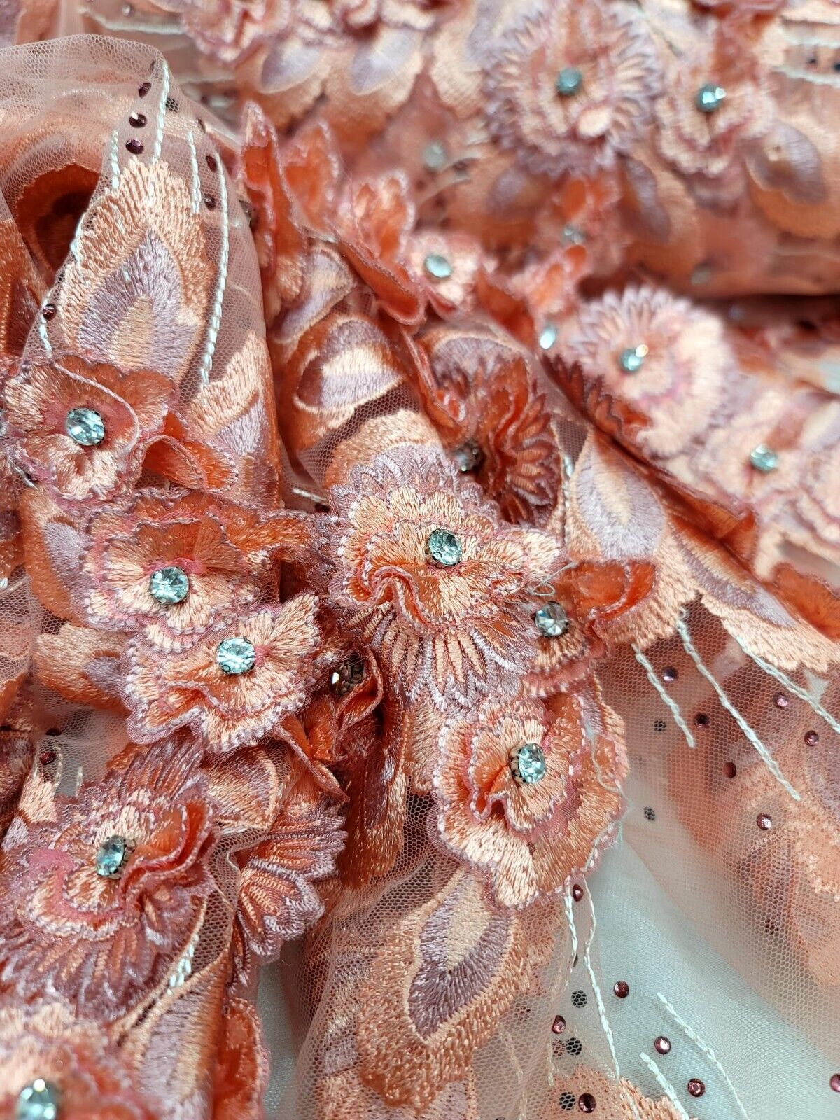 Elegant Coral Hand Beaded Lace Wedding/Bridal 3d Floral Fabric Sold By The Yard