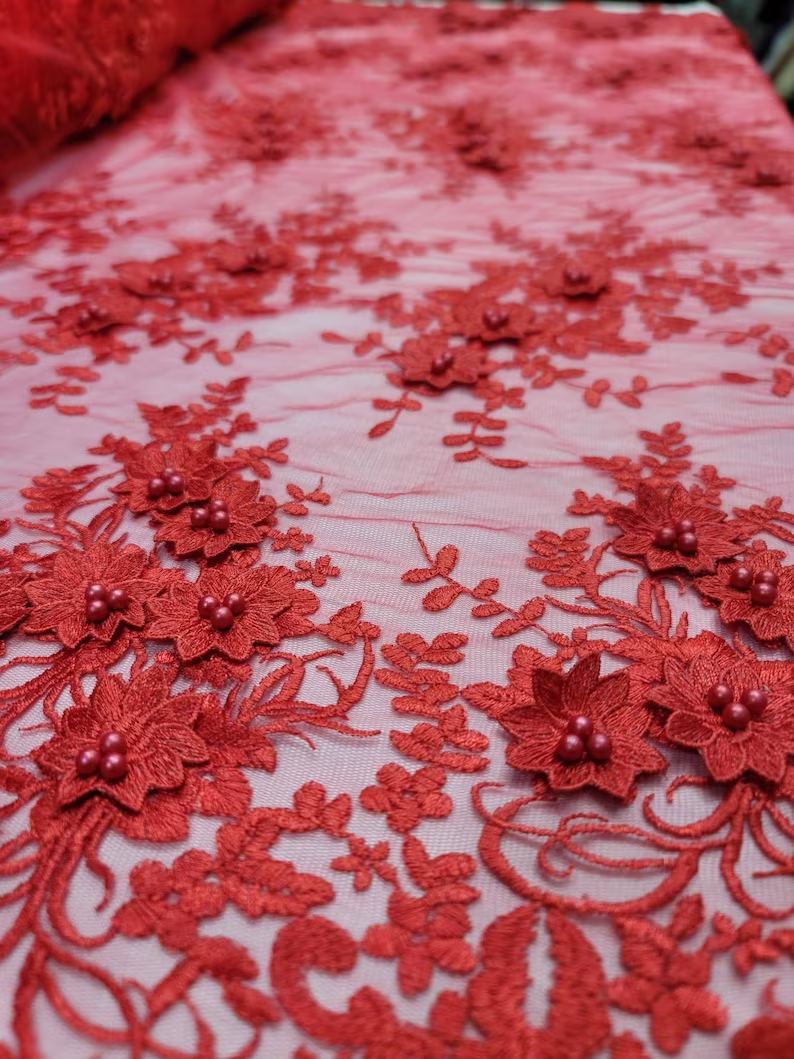 Red 3D Flower Lace Embroidery Lace Fabric - Sold by the Yard