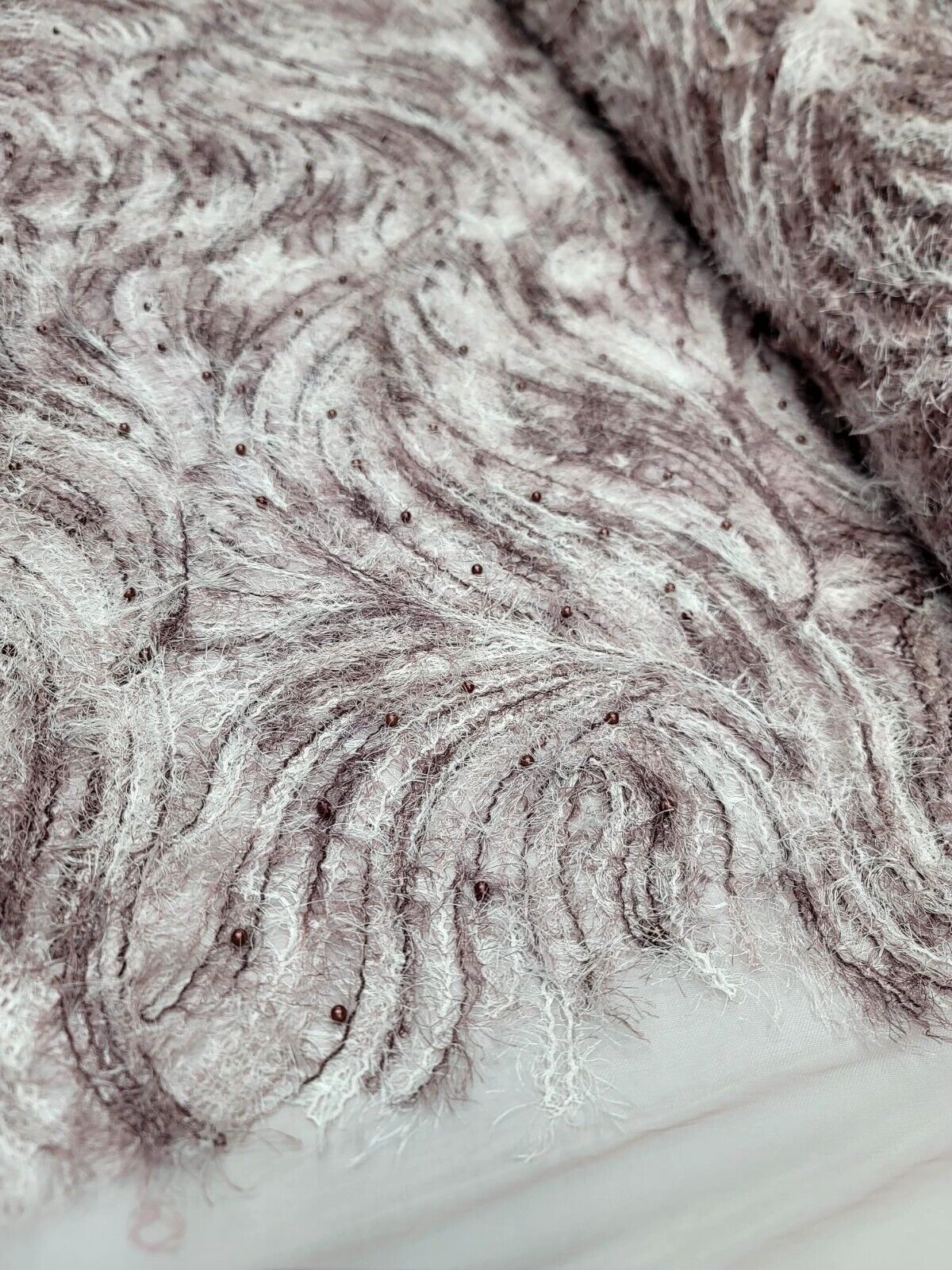 Mauve Lace Shaggy Design Embroidered With Pearls Mesh Lace Fabric By The Yard