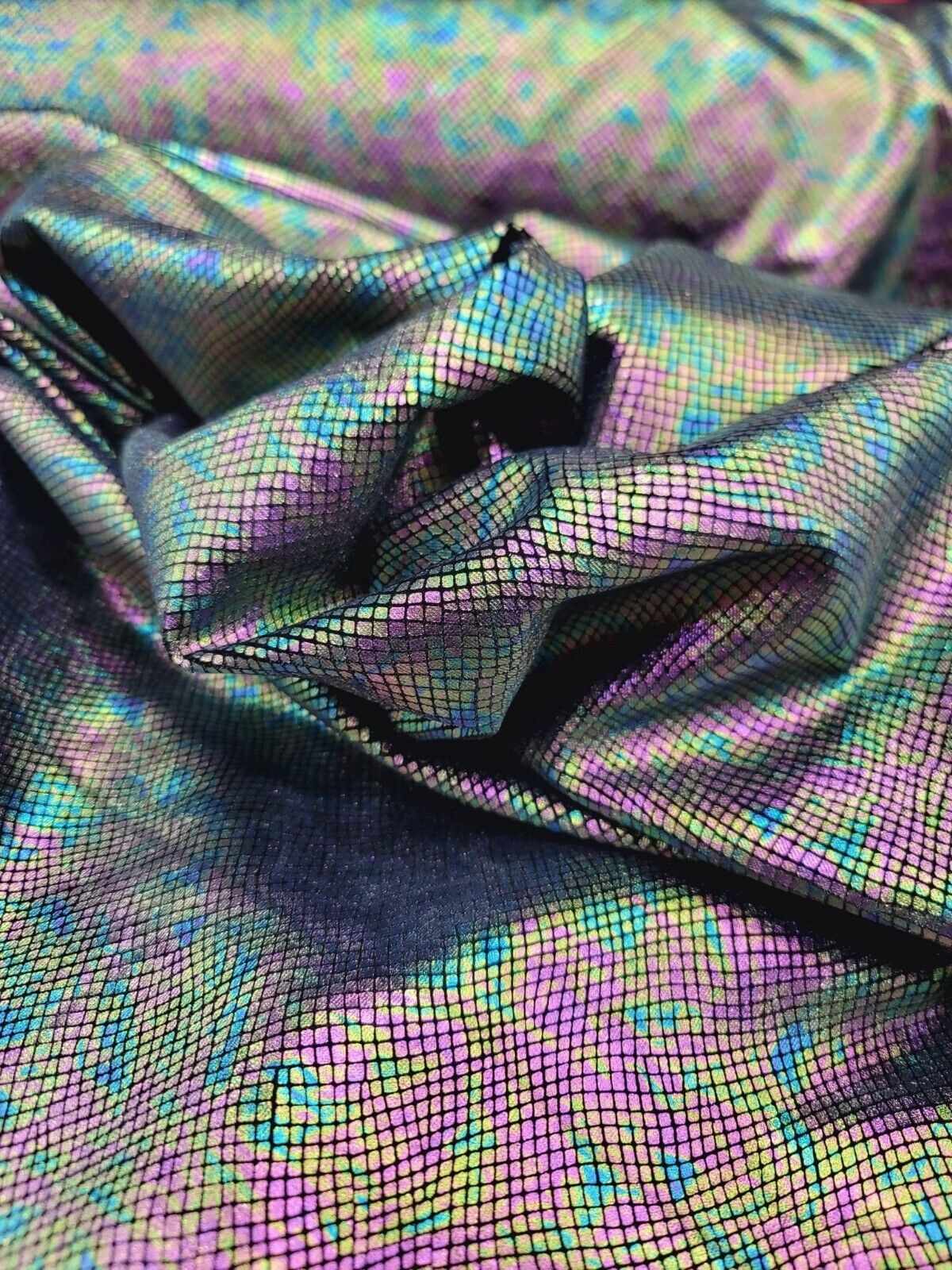 Exotic Design Iridescent Black Green Purple Print On Stretch Velvet Foil Fabric - Sold By the Yard