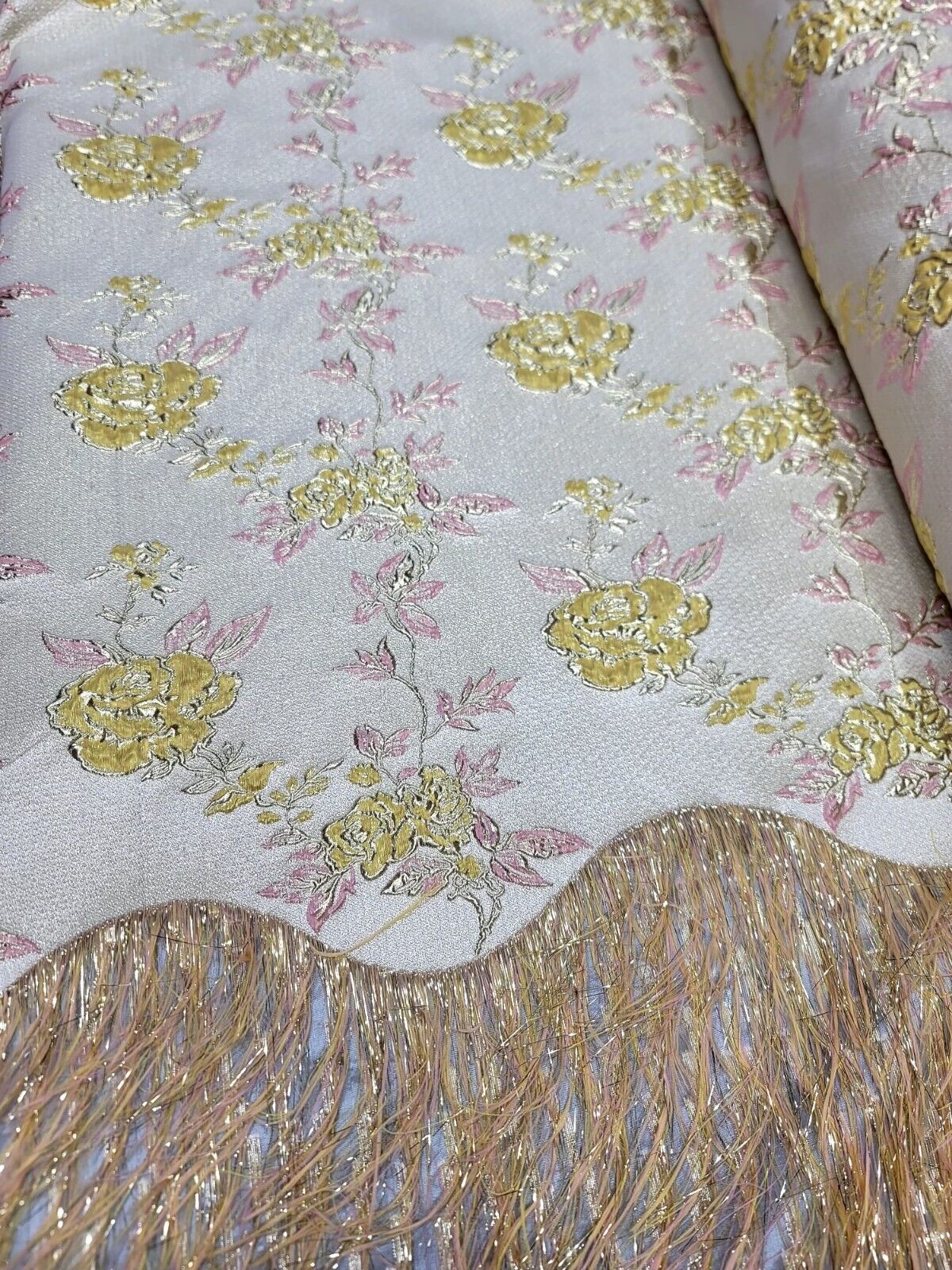 Yellow Pink Gold Metallic Brocade Eyelash Prom Fabric by the Yard