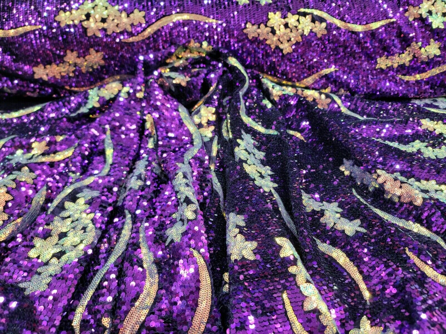 Purple Sequin Embroidery On Stretch Velvet Fabric By The Yard Iridescent Flowers